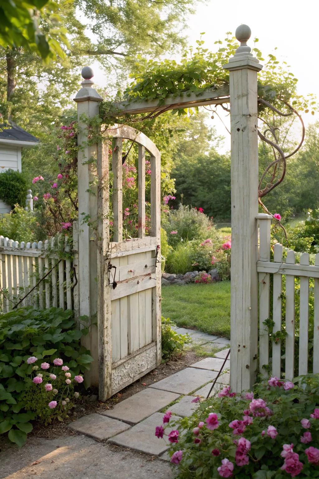 A unique garden gate crafted from a vintage headboard, adding character.
