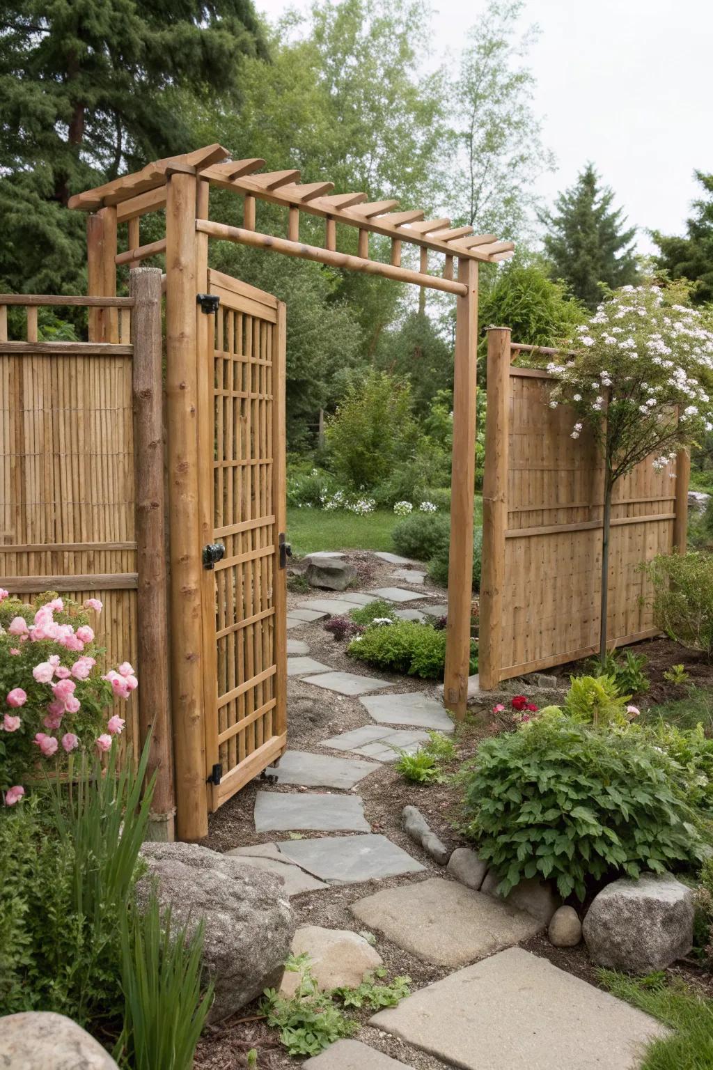 An eco-friendly gate crafted from bamboo, promoting sustainability in garden design.