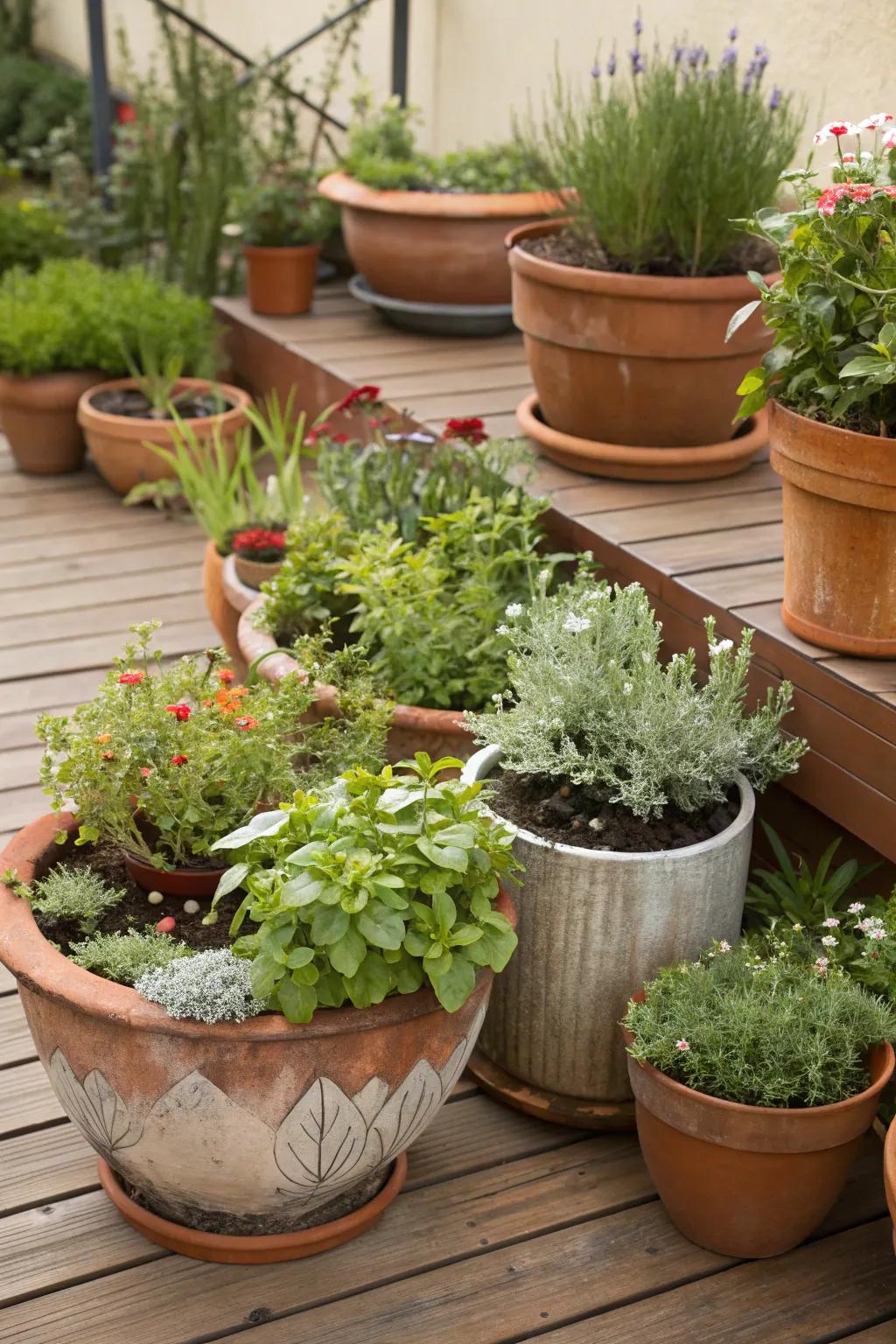 Mix different materials for a visually interesting container garden.
