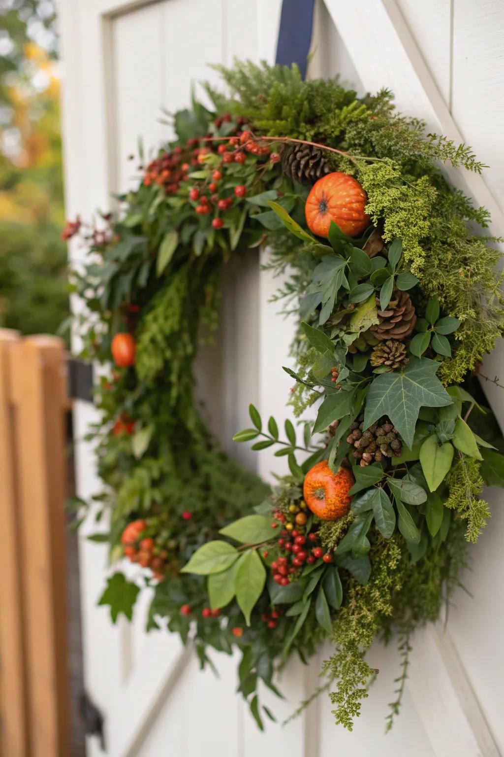 Lush greenery adds freshness and life to this wreath.