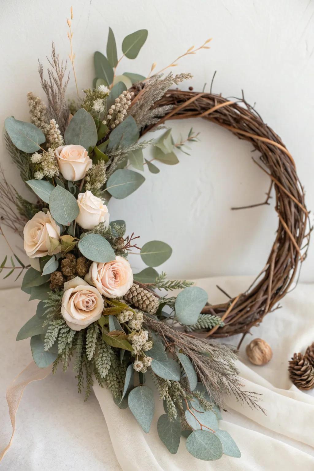 Muted tones bring elegance and calm to this wreath design.