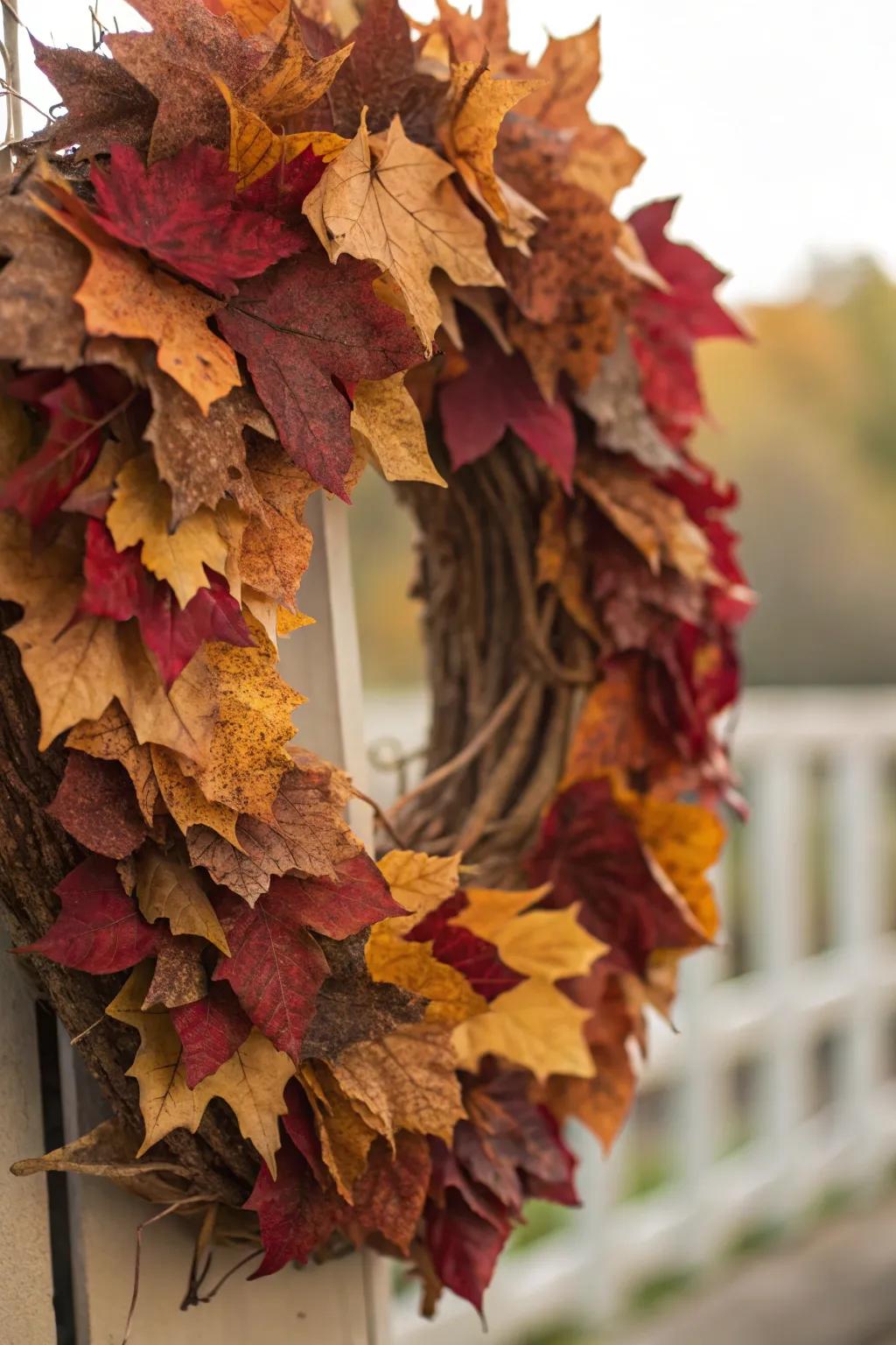 Dried leaves add texture and depth to this fall wreath.