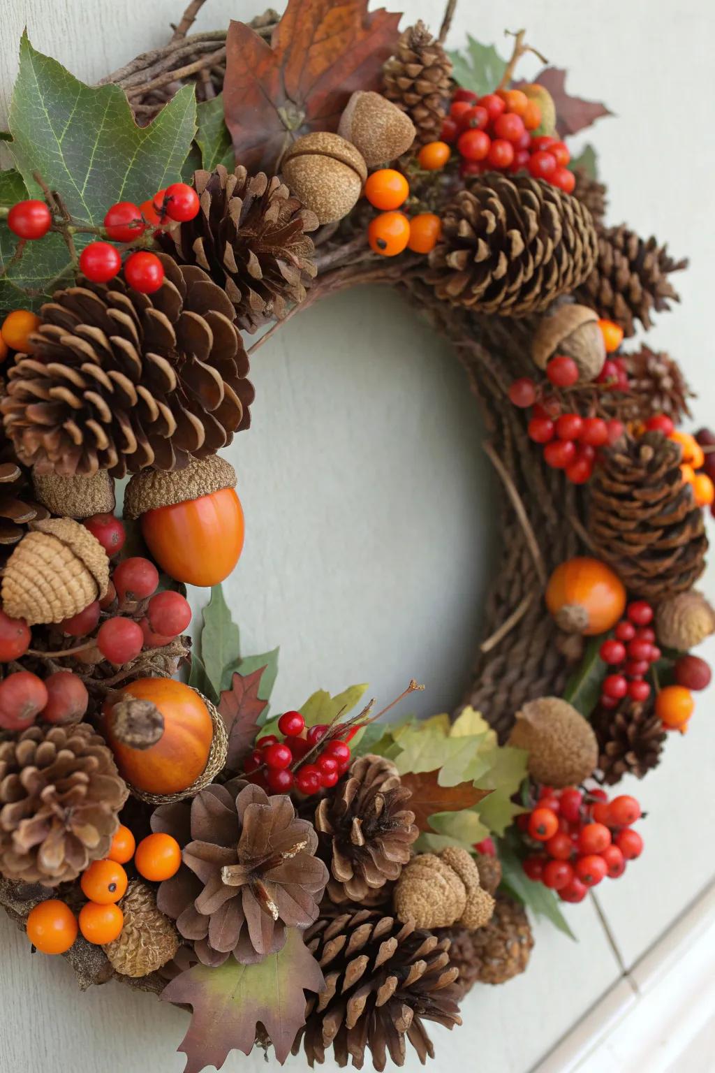 A rich mix of natural elements creates an abundant wreath.