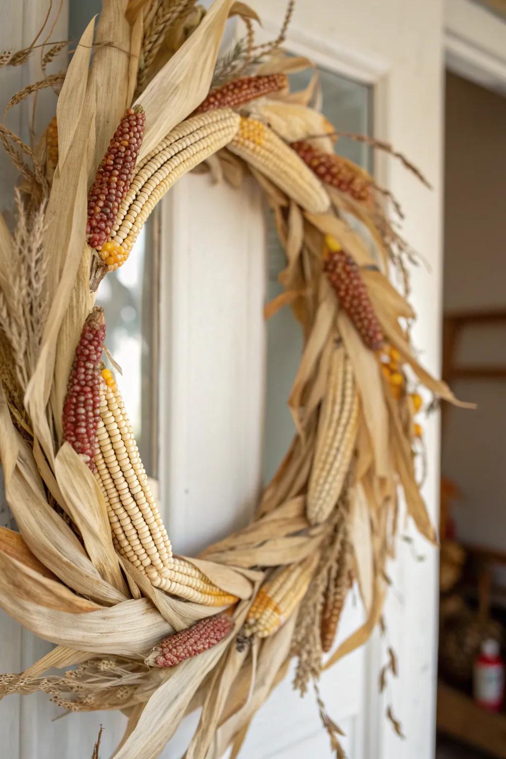 A harvest-inspired wreath featuring natural corn husks.