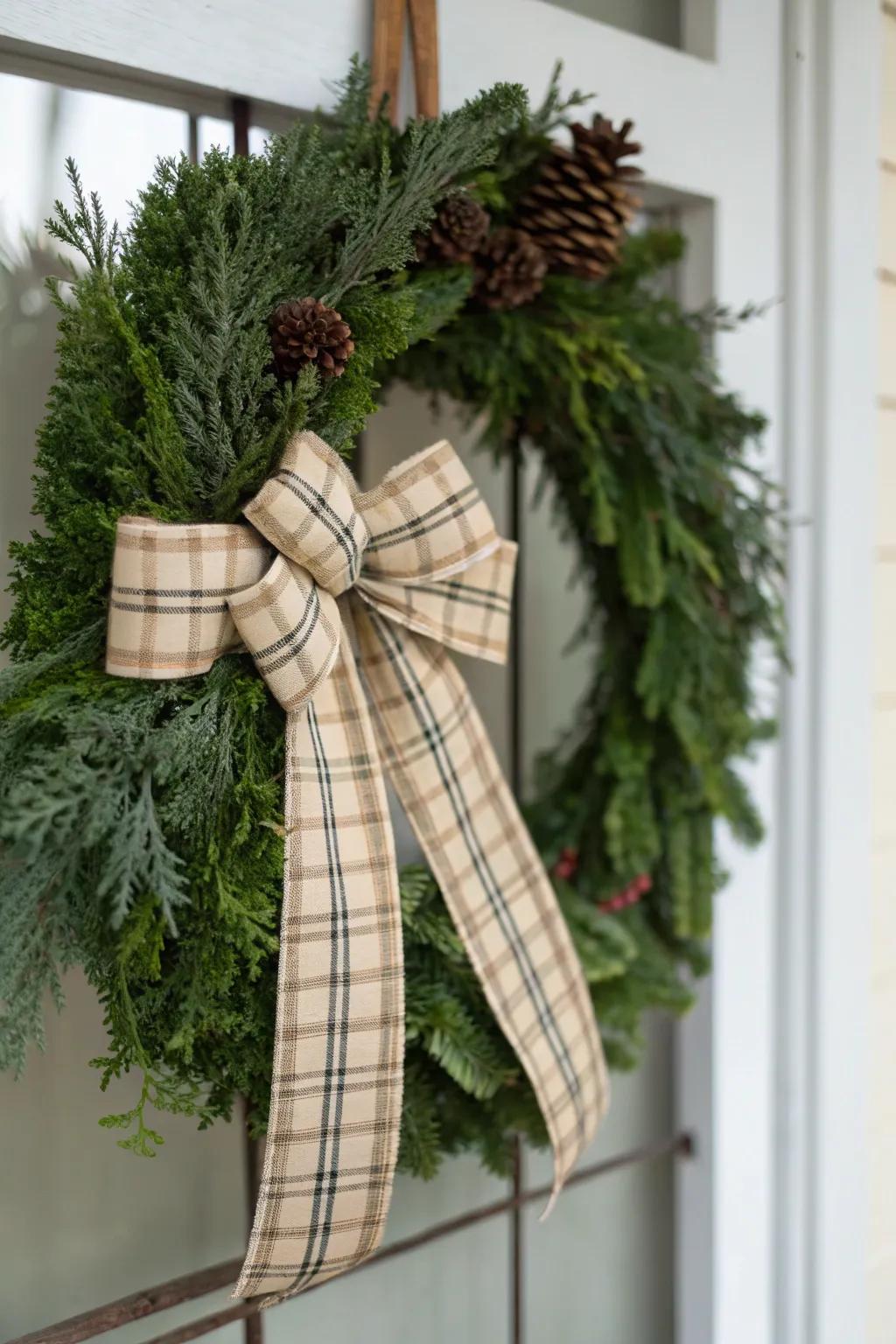 A vintage ribbon adds charm and nostalgia to this wreath.