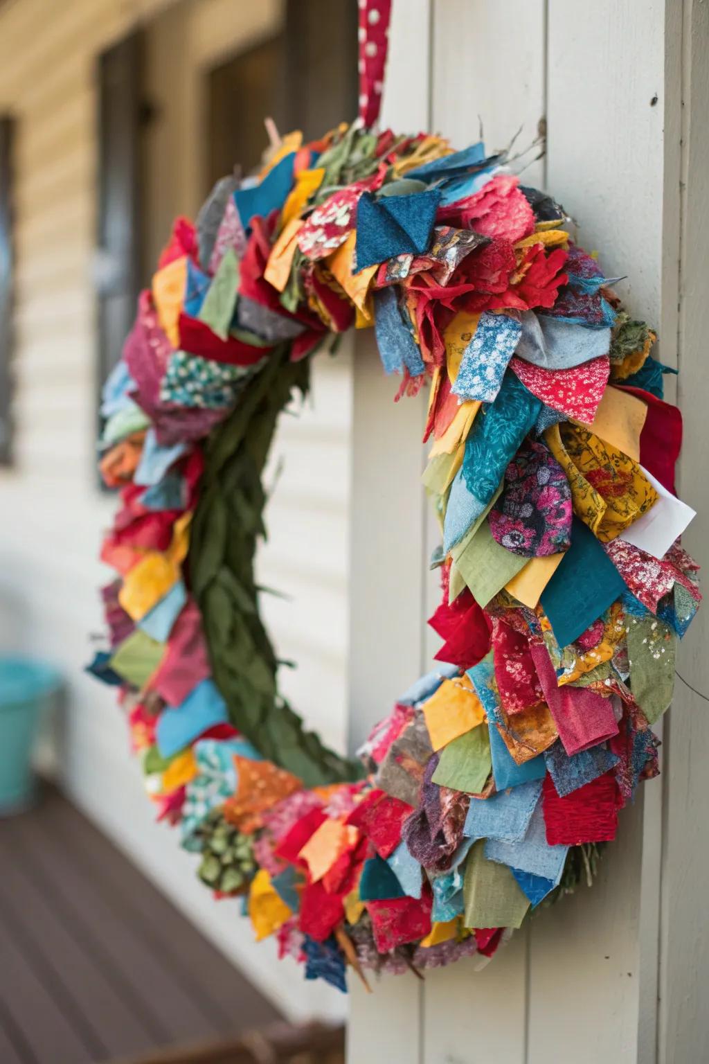 Fabric scraps create a colorful and textured wreath.