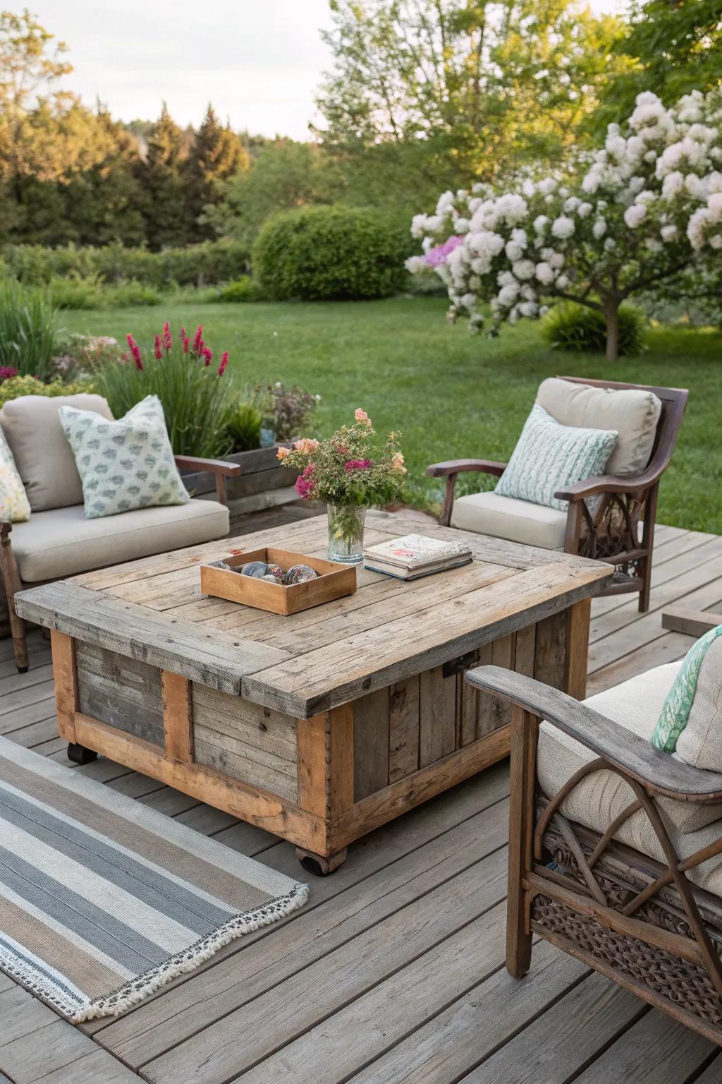 A rustic coffee table can serve as the heart of your outdoor space.