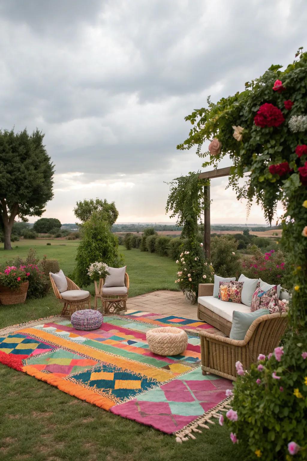 An outdoor rug can anchor your space and add a splash of color.