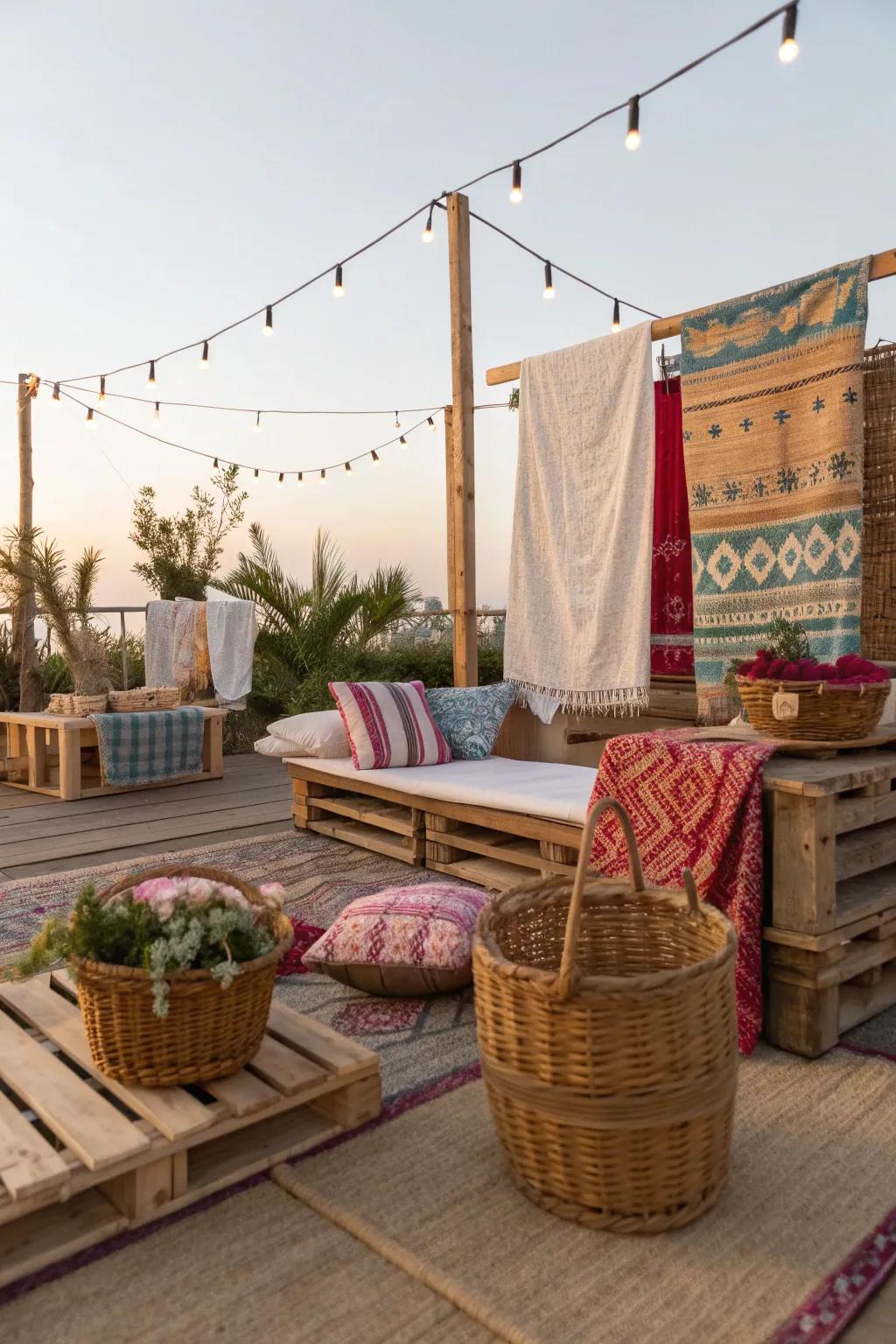 Mix materials to create a warm and inviting outdoor atmosphere.