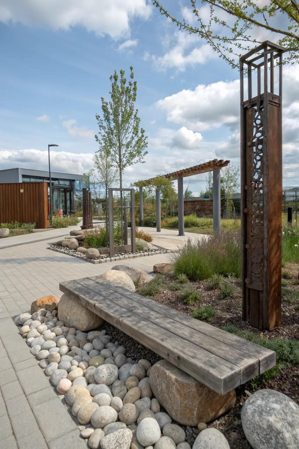 Mixing materials creates an eclectic and dynamic outdoor environment.