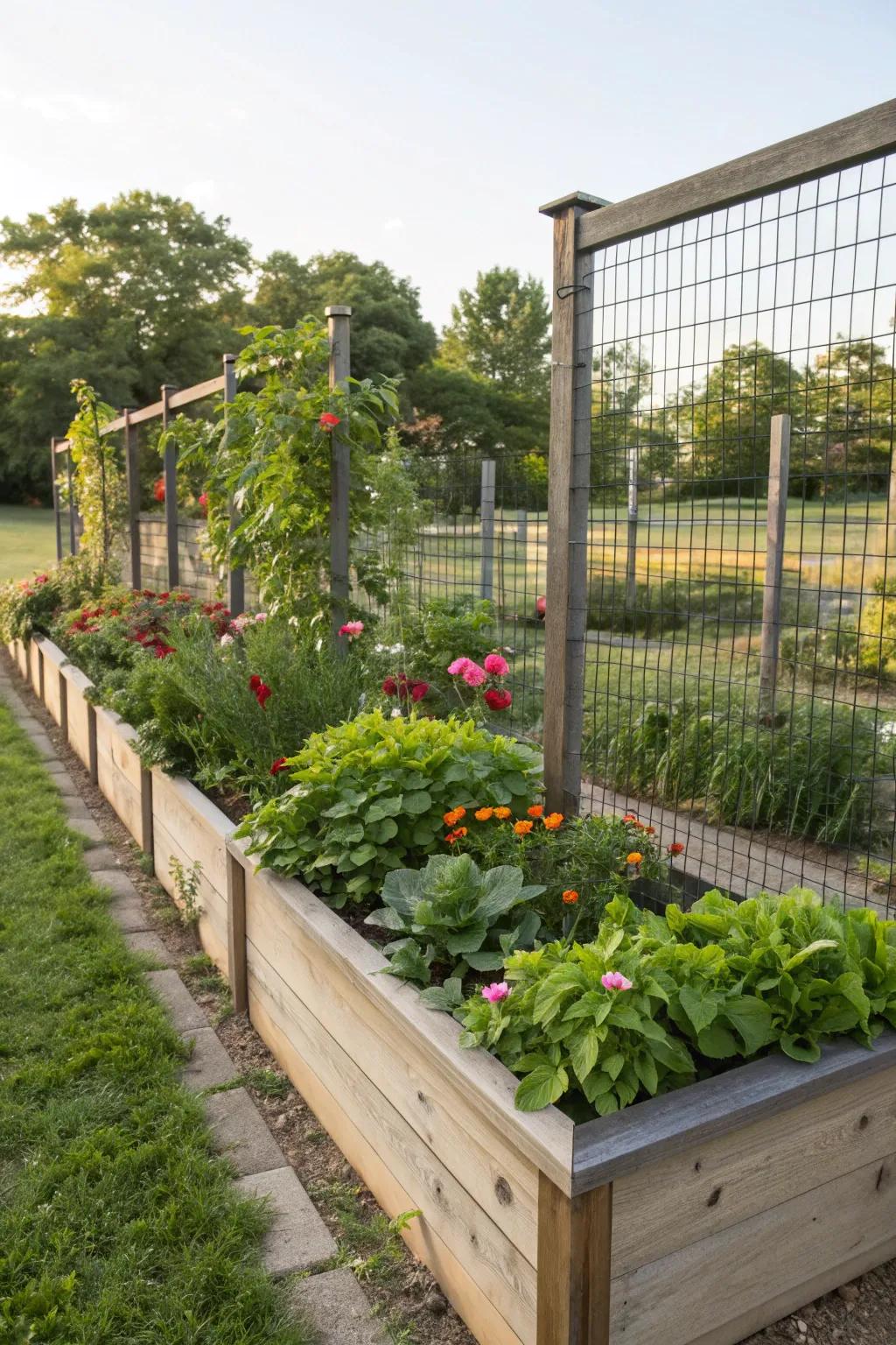 Integrating a fence with a raised bed maximizes planting space.