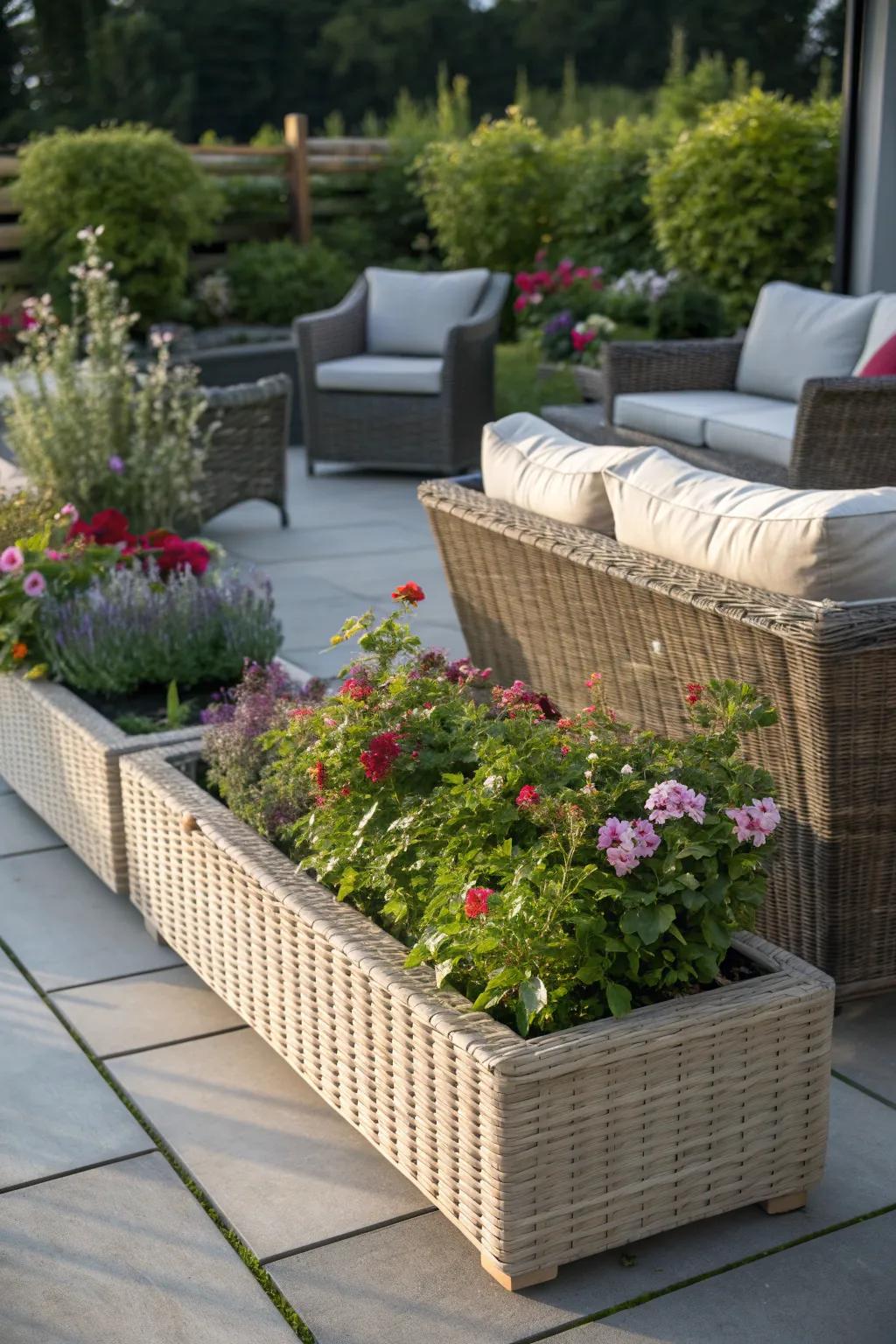 Charming wicker raised beds for a cozy patio setting.