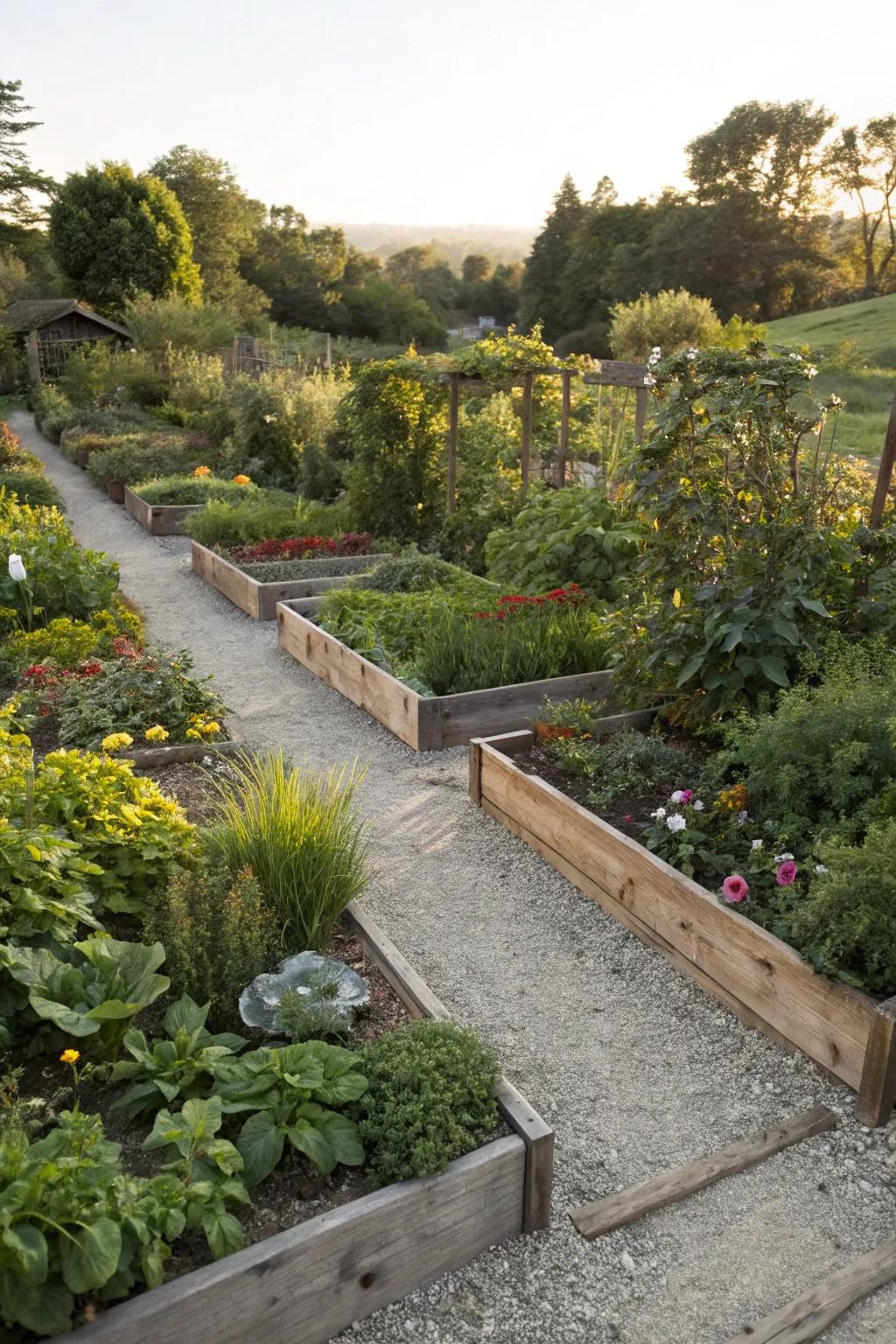 Pathways between raised beds invite exploration.