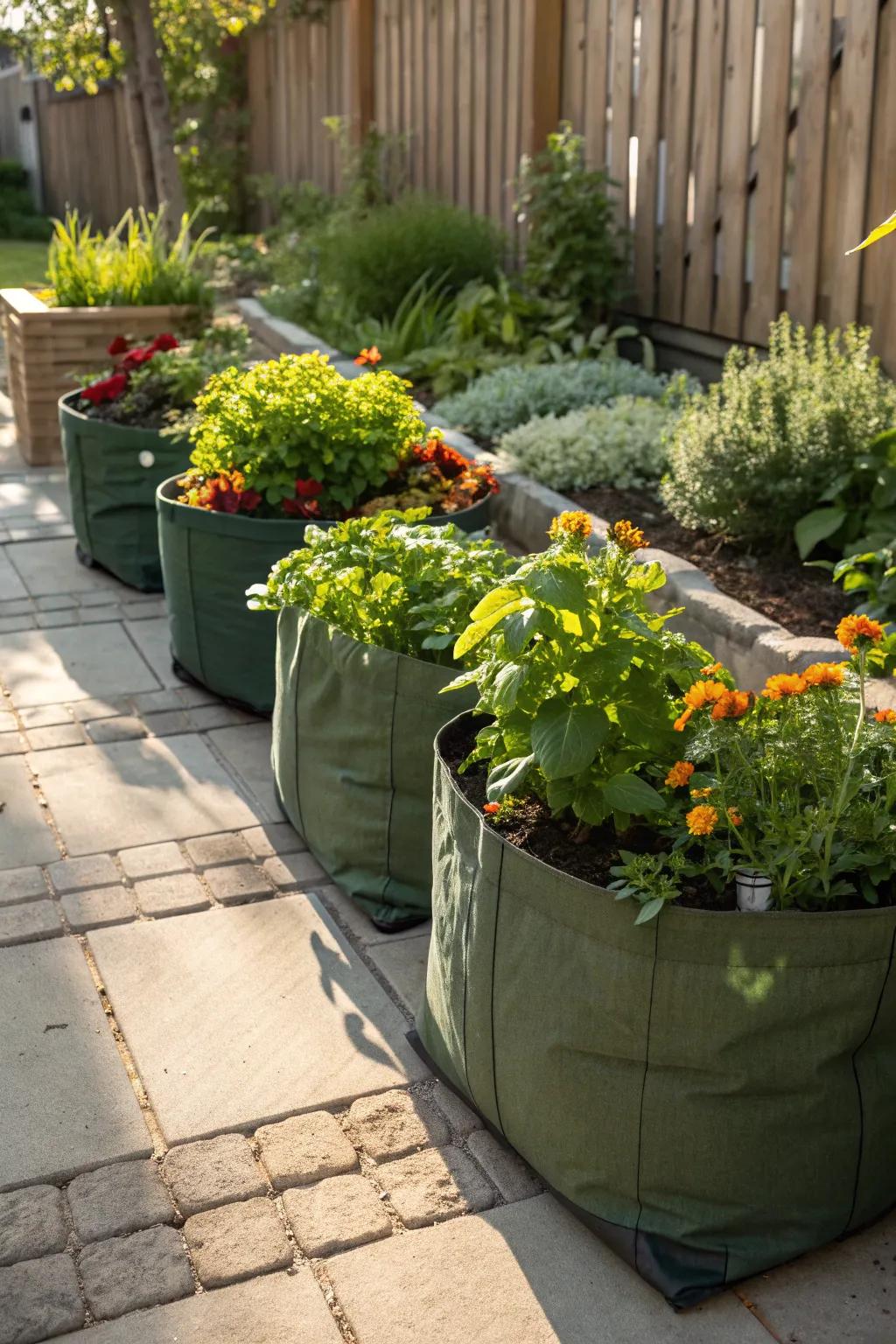 Portable grow bags offer flexibility in gardening.
