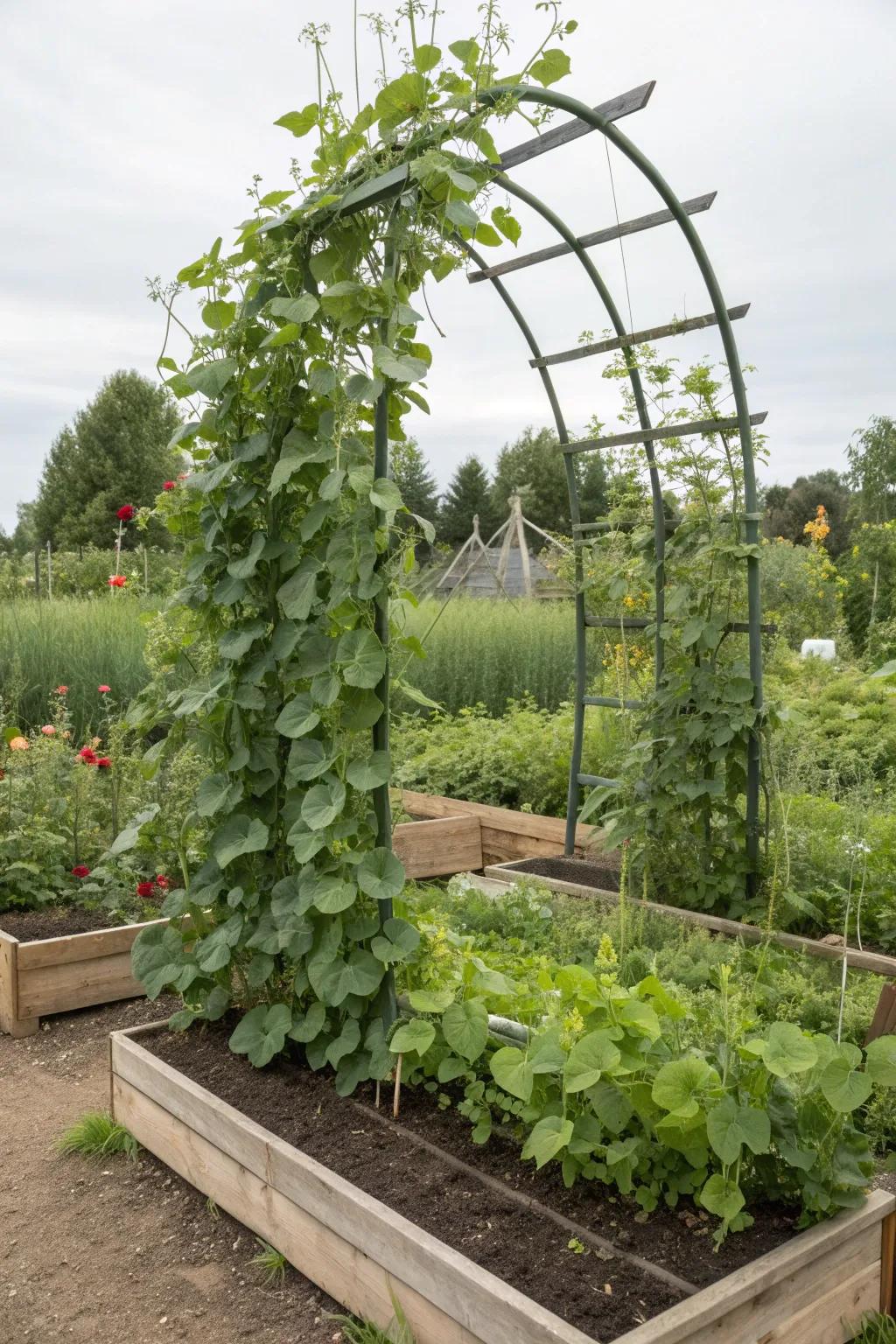 Trellises add height and beauty to raised beds.