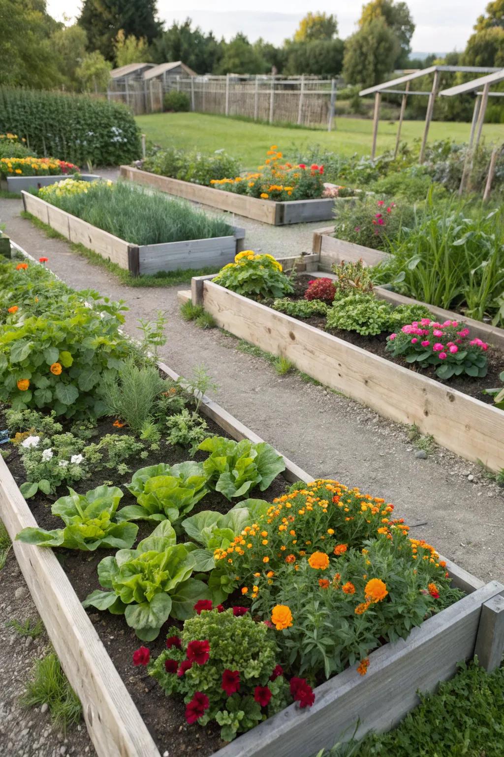 Raised beds create distinct and functional garden zones.