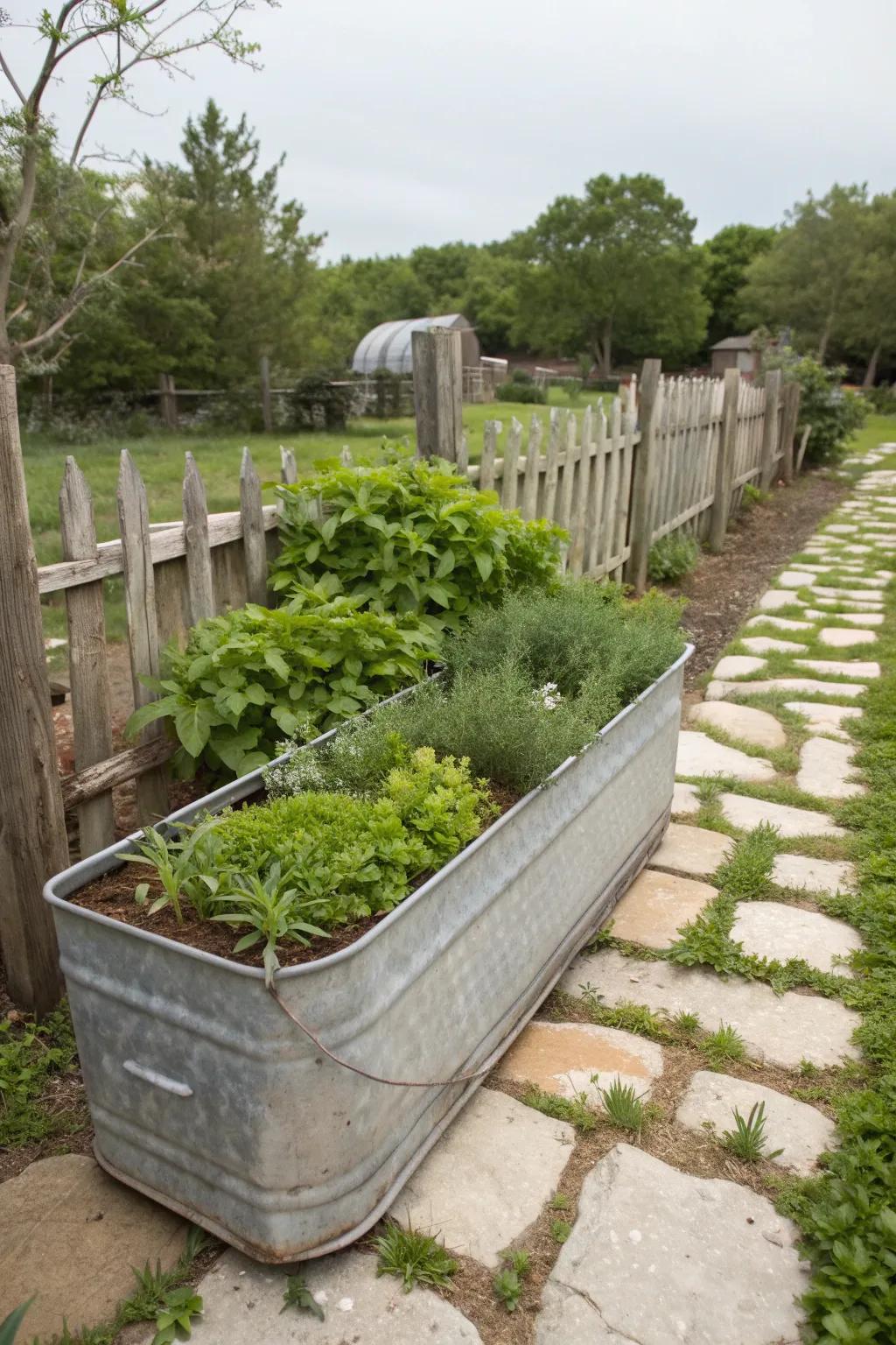 Herbs thrive in a repurposed galvanized trough.