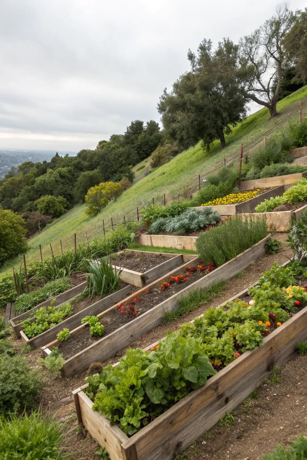 Raised beds transform sloped areas into productive gardens.