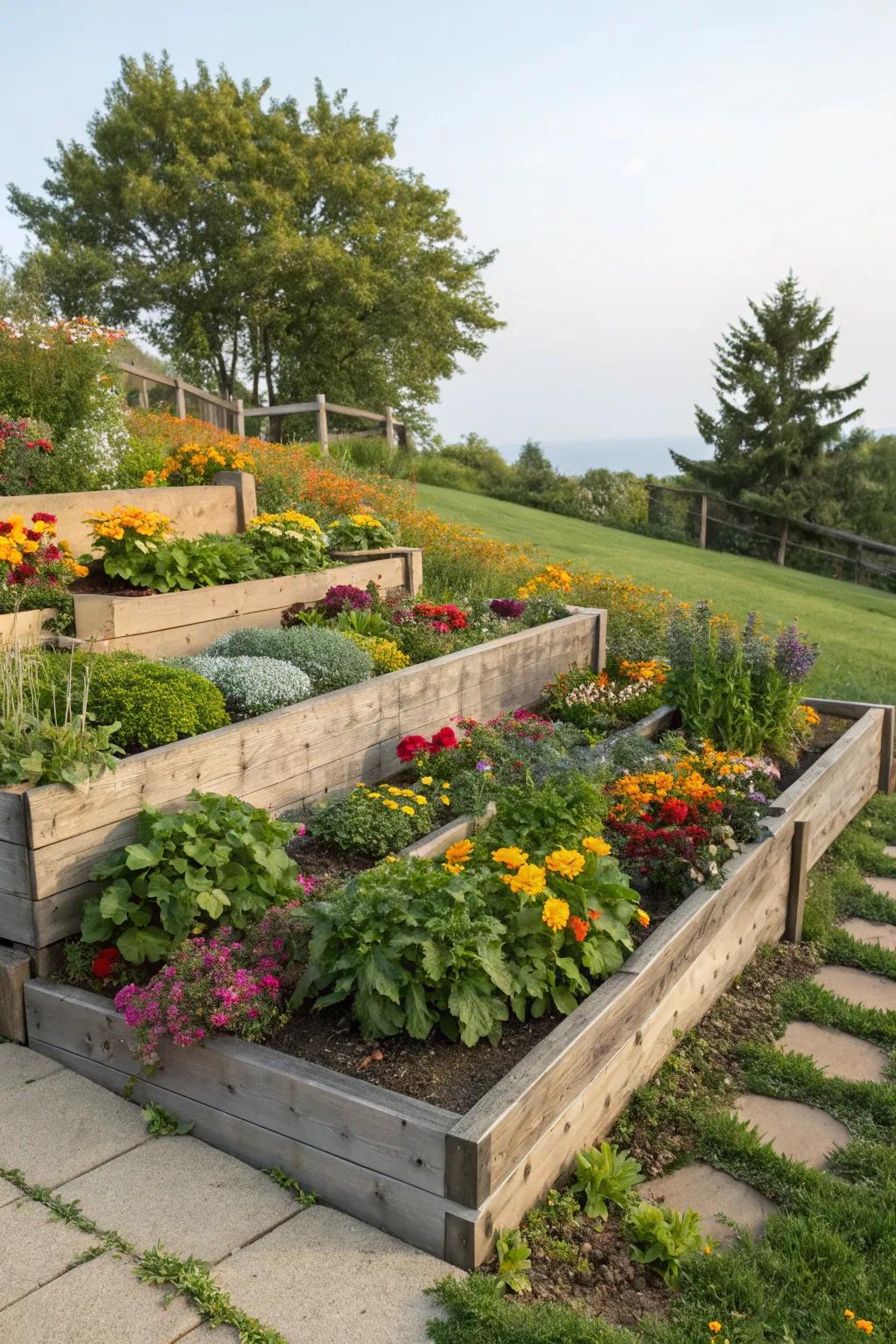 Tiered raised beds add visual interest and depth.