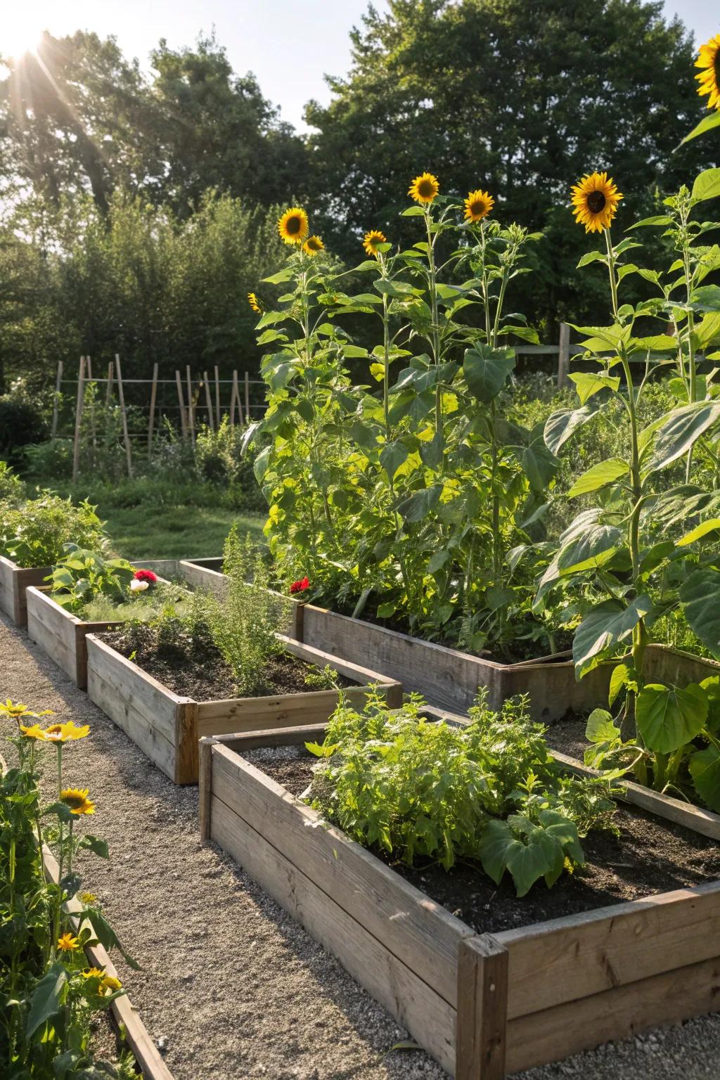 Sunflowers provide natural shade for raised beds.