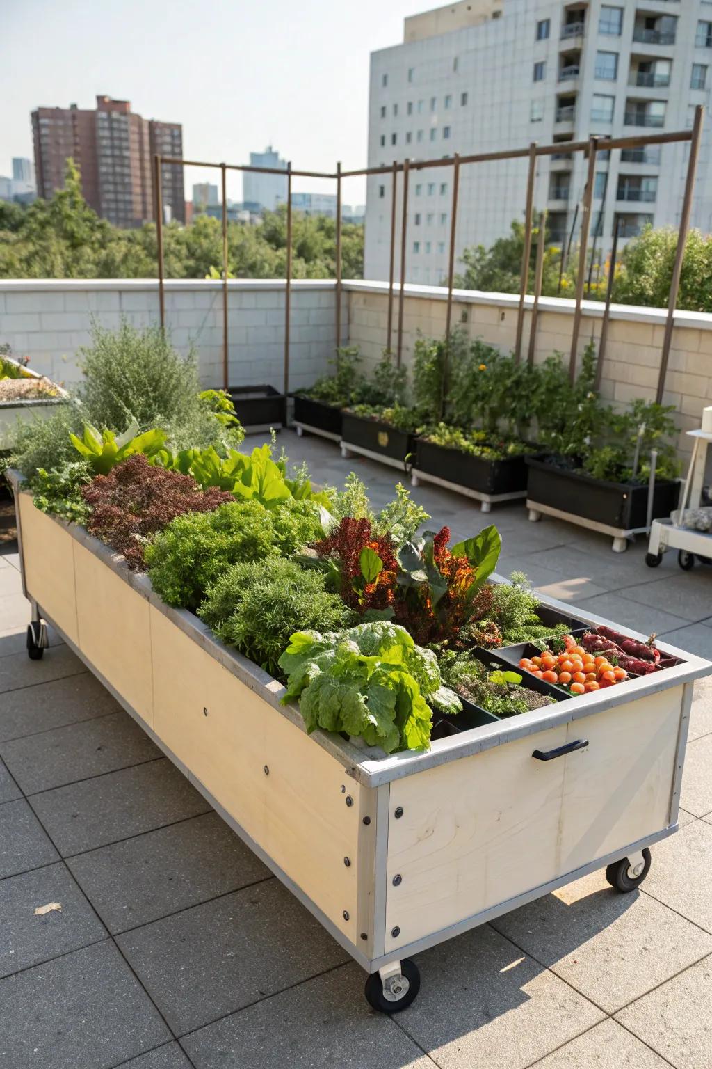 A mobile raised bed offers flexibility in small spaces.