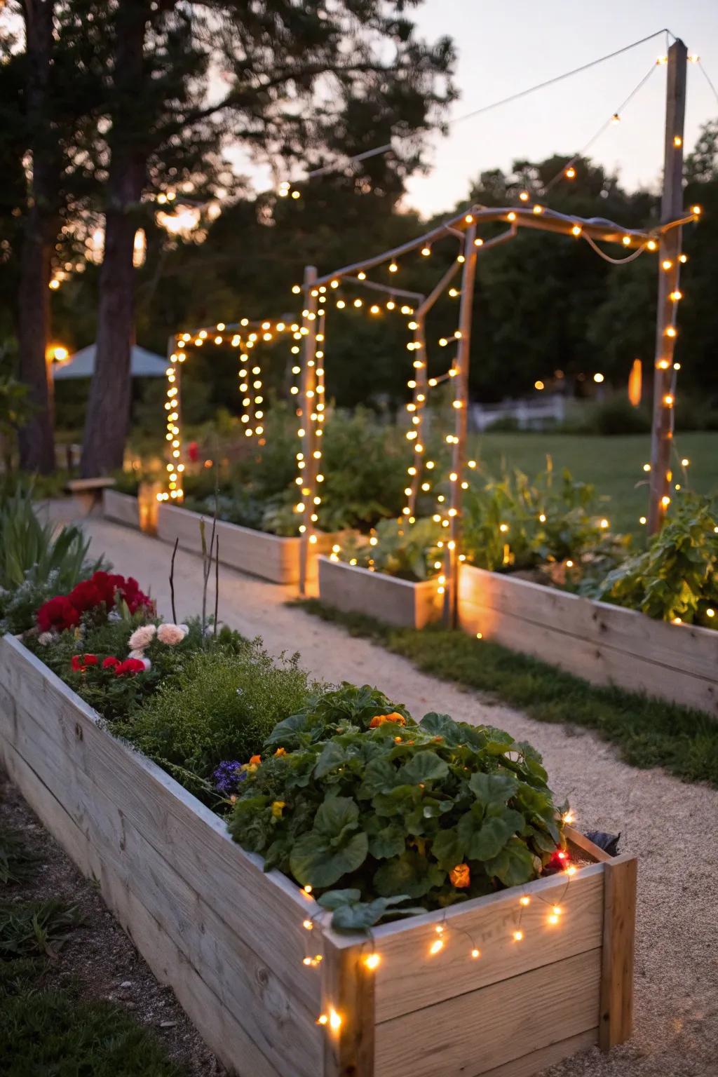 String lights add a touch of magic to raised beds at night.