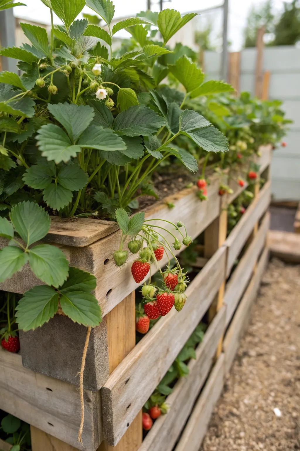 A luscious pallet garden dedicated to strawberries.