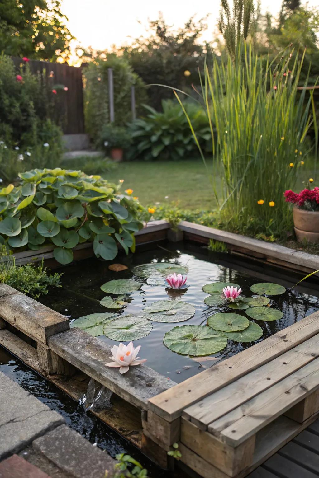 A tranquil pallet pond adding serenity to the garden.