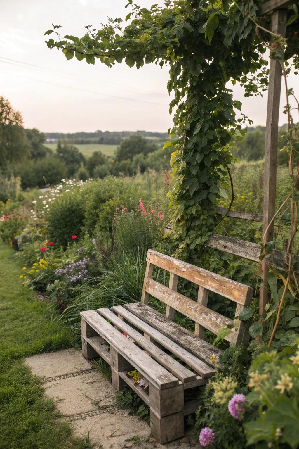 A cozy garden bench made from repurposed pallets.