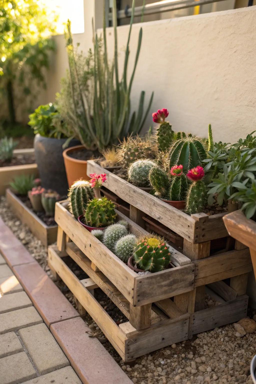 A striking cactus display on a sunlit pallet.