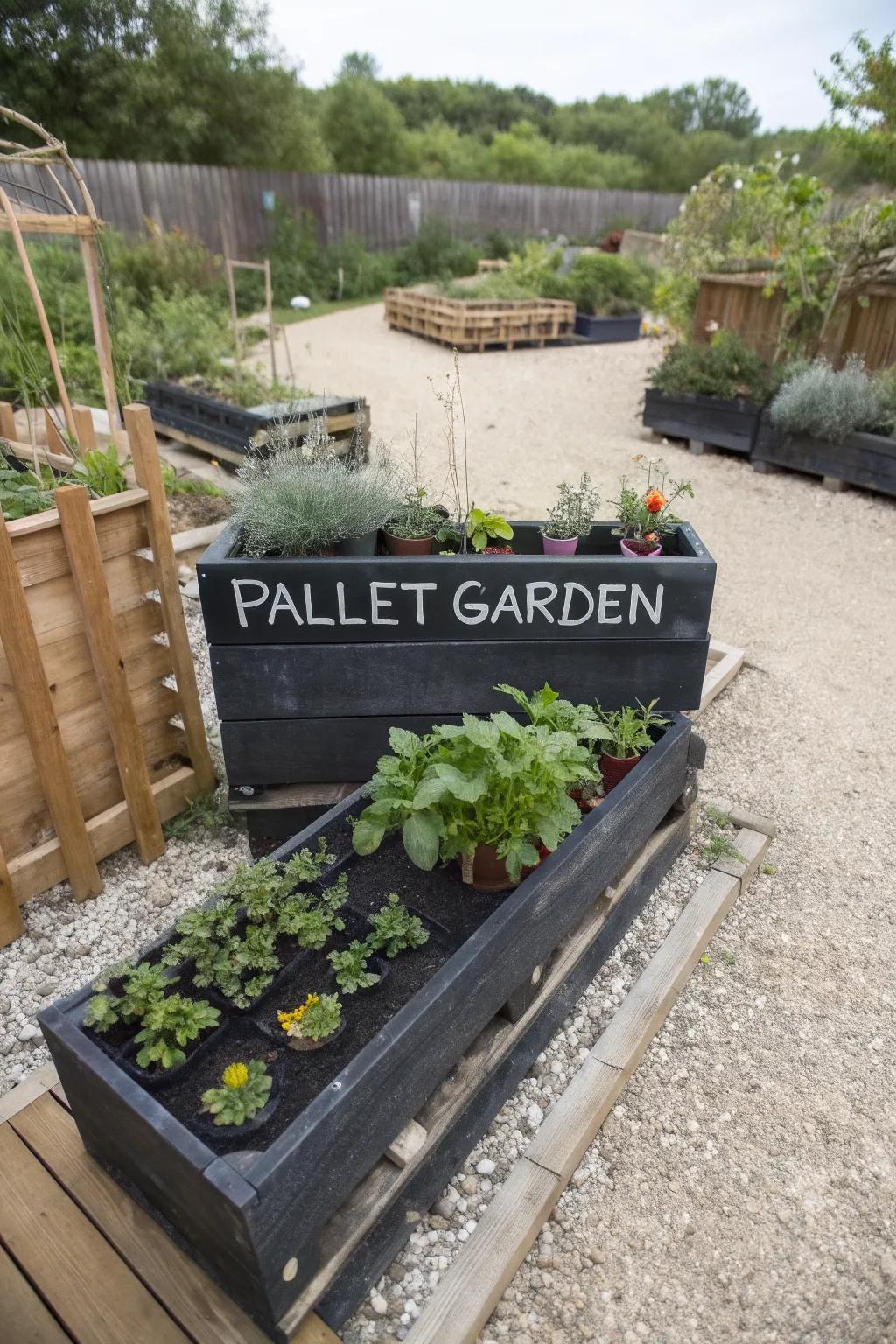 A playful chalkboard pallet garden for creative labeling.