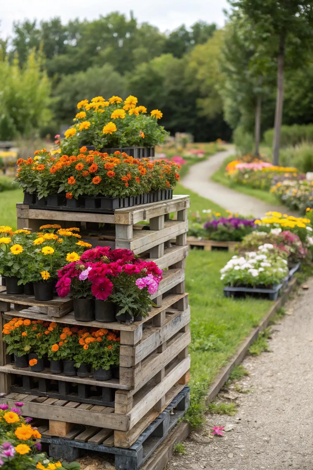 A colorful tiered flower garden made from pallets.