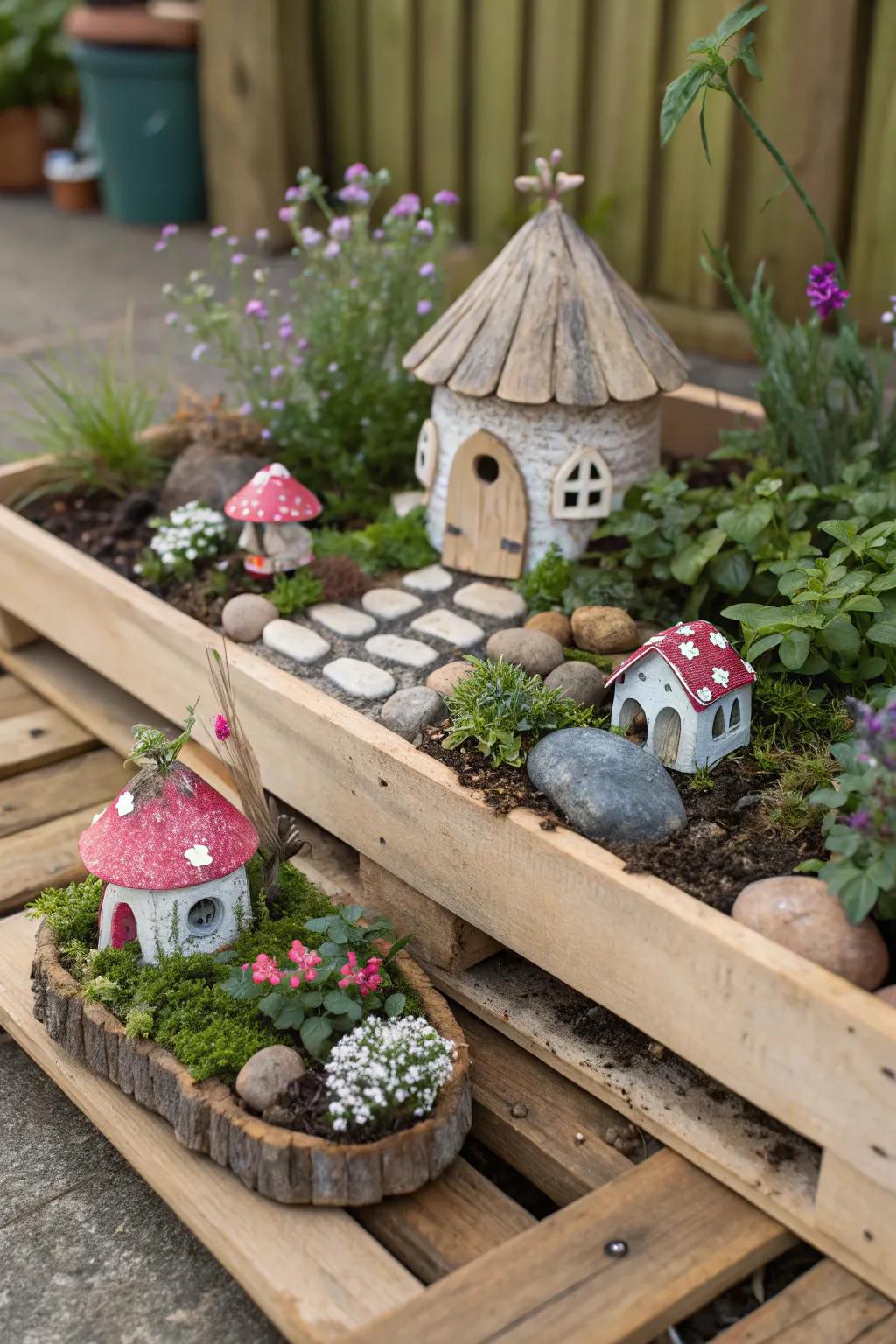 A magical fairy garden crafted on a pallet.