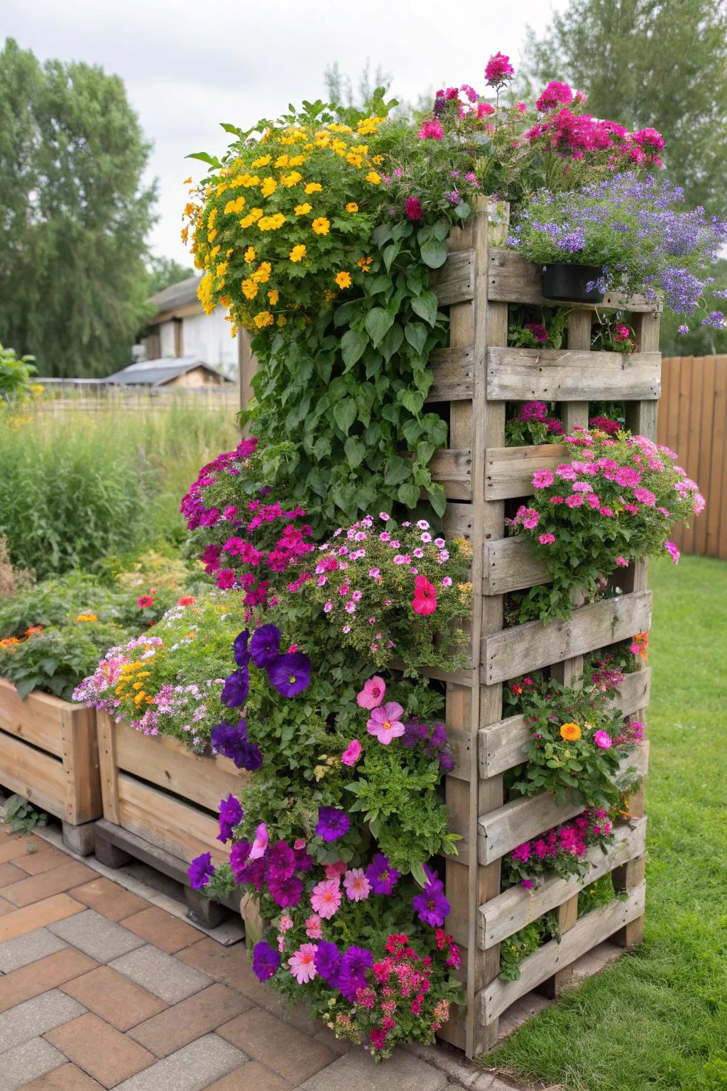 A vibrant living flower wall made from a pallet.
