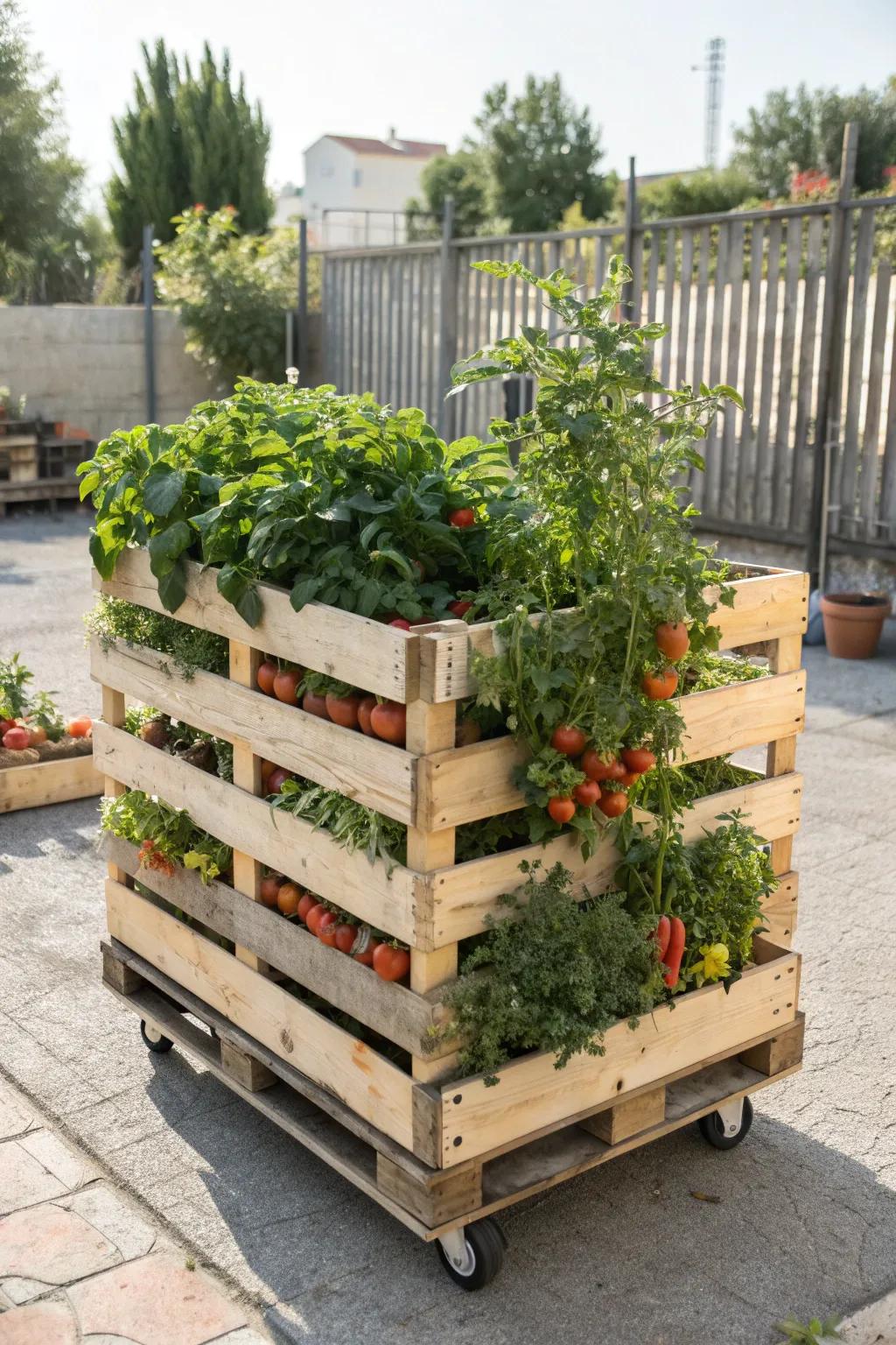 A movable pallet garden brimming with fresh veggies.