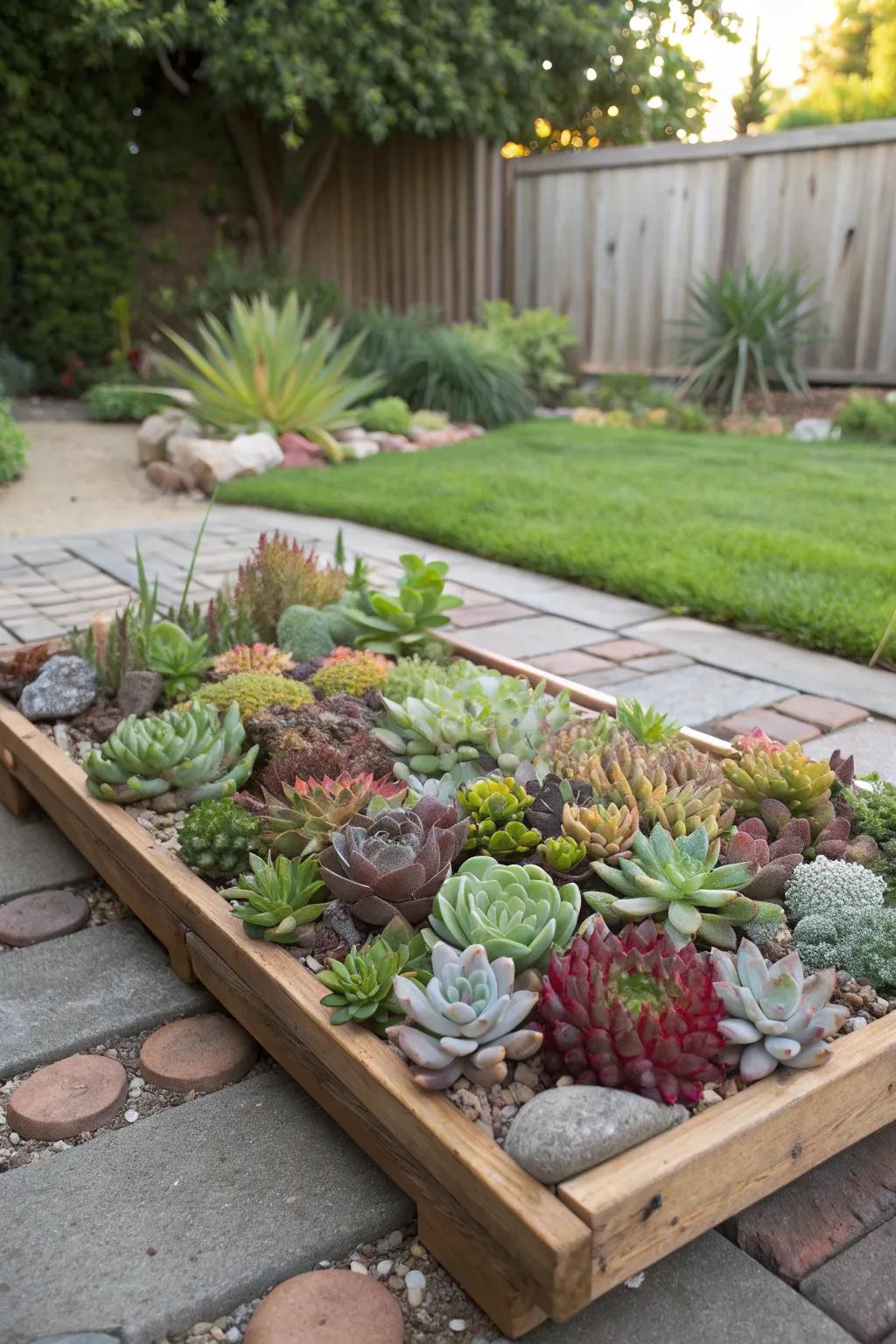 A pallet garden brimming with vibrant succulents.
