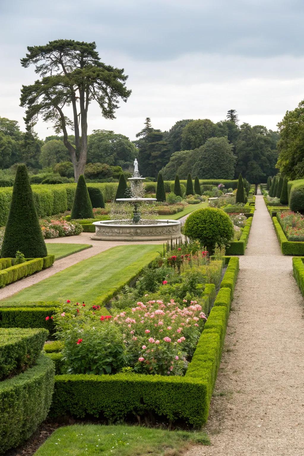 Elegant boxwood hedges offer structure to the garden.