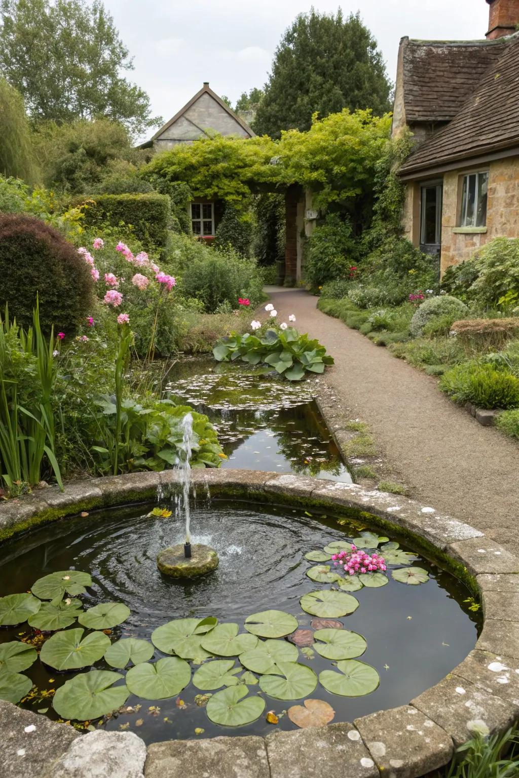 A peaceful garden pond with a delicate fountain.
