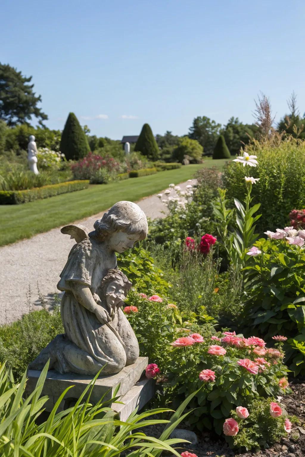 A small garden statue adds charm and personality.