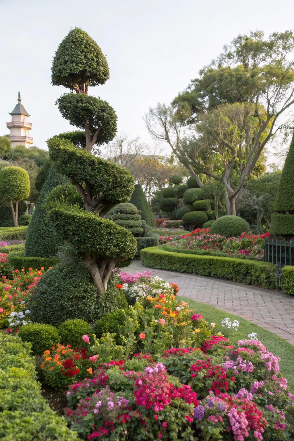 Whimsical topiary adds an artistic touch to the garden.