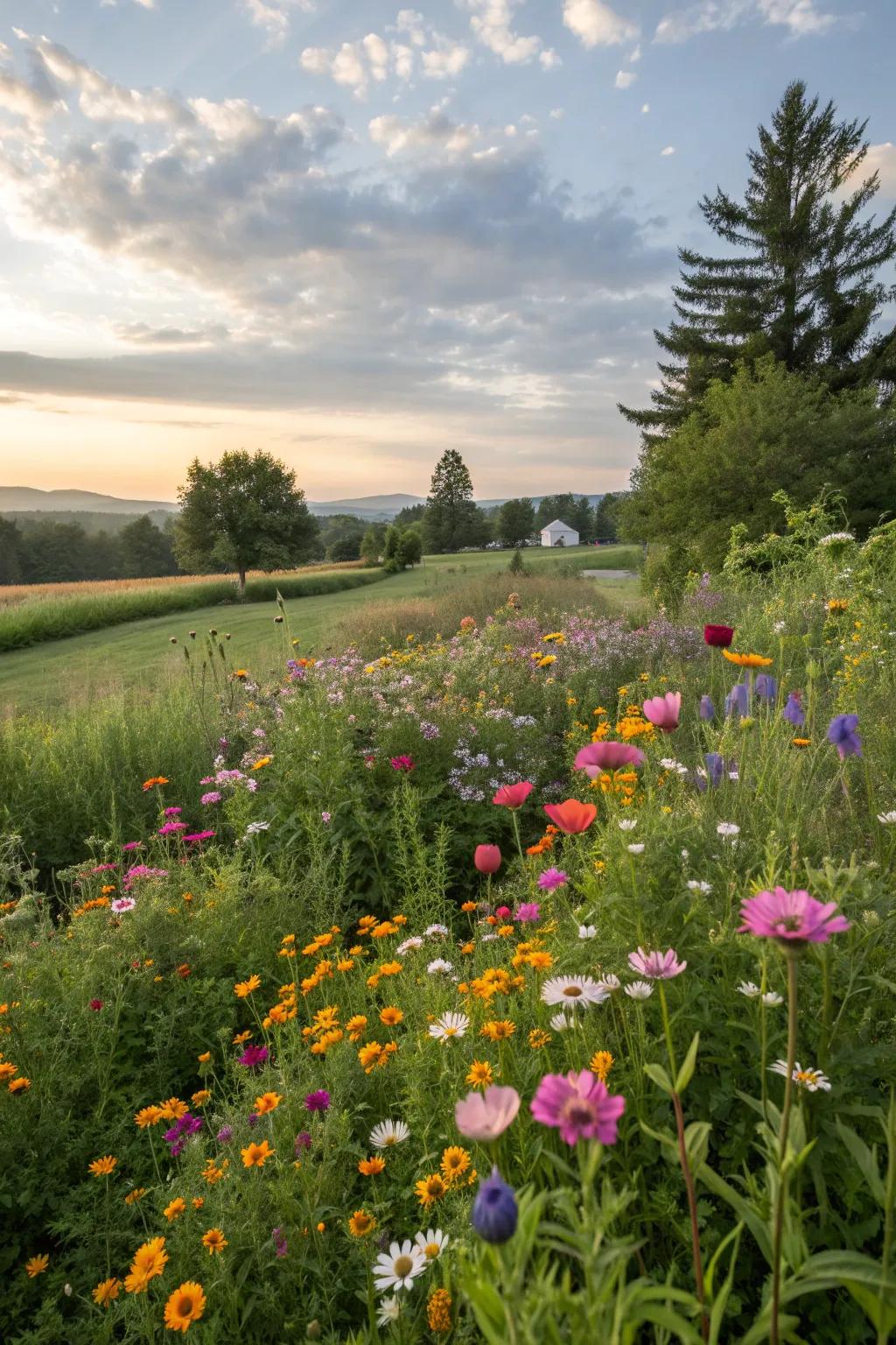 A wildflower meadow bursts with vibrant colors.