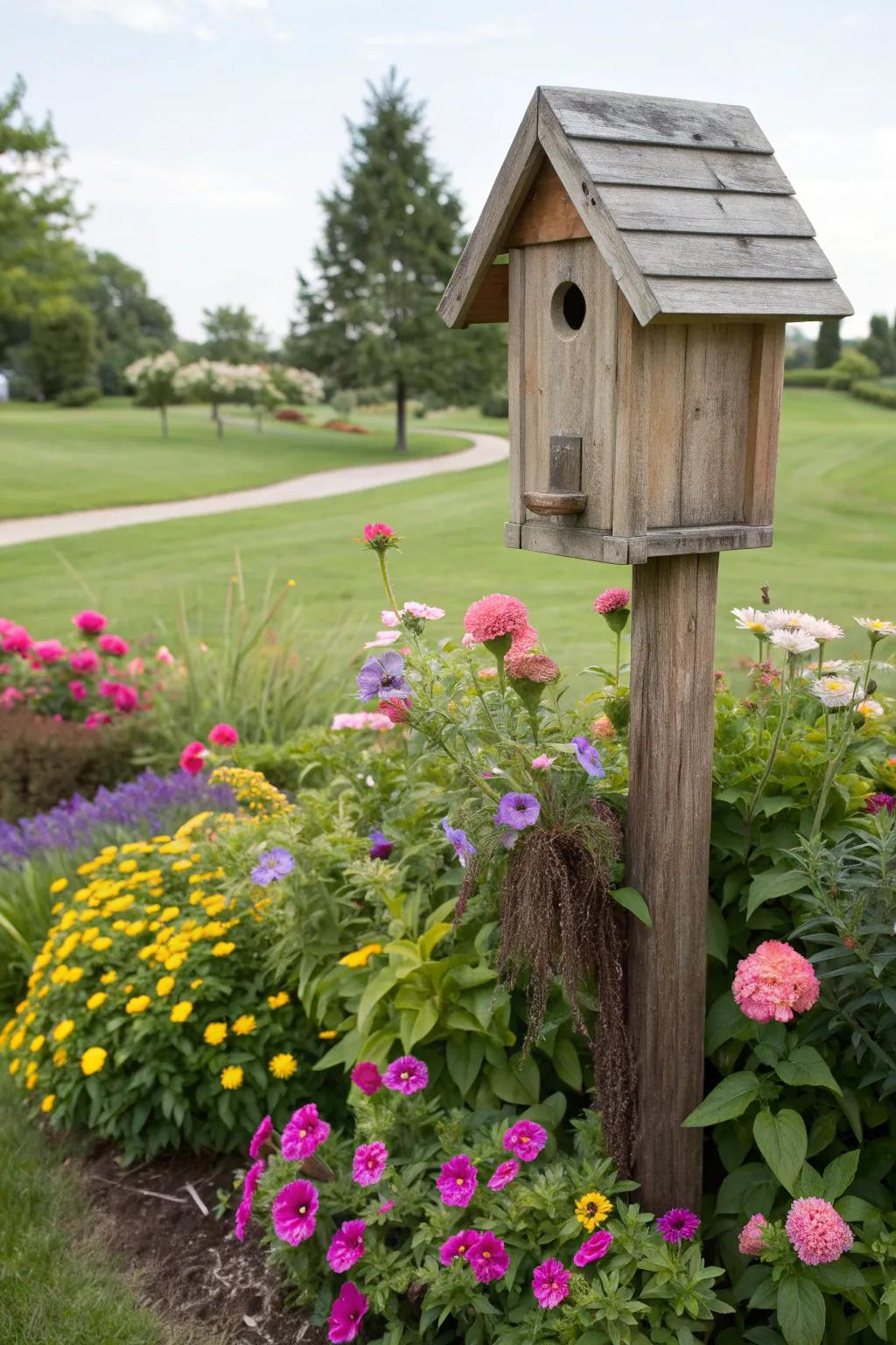 A wooden birdhouse welcomes feathered friends to the garden.