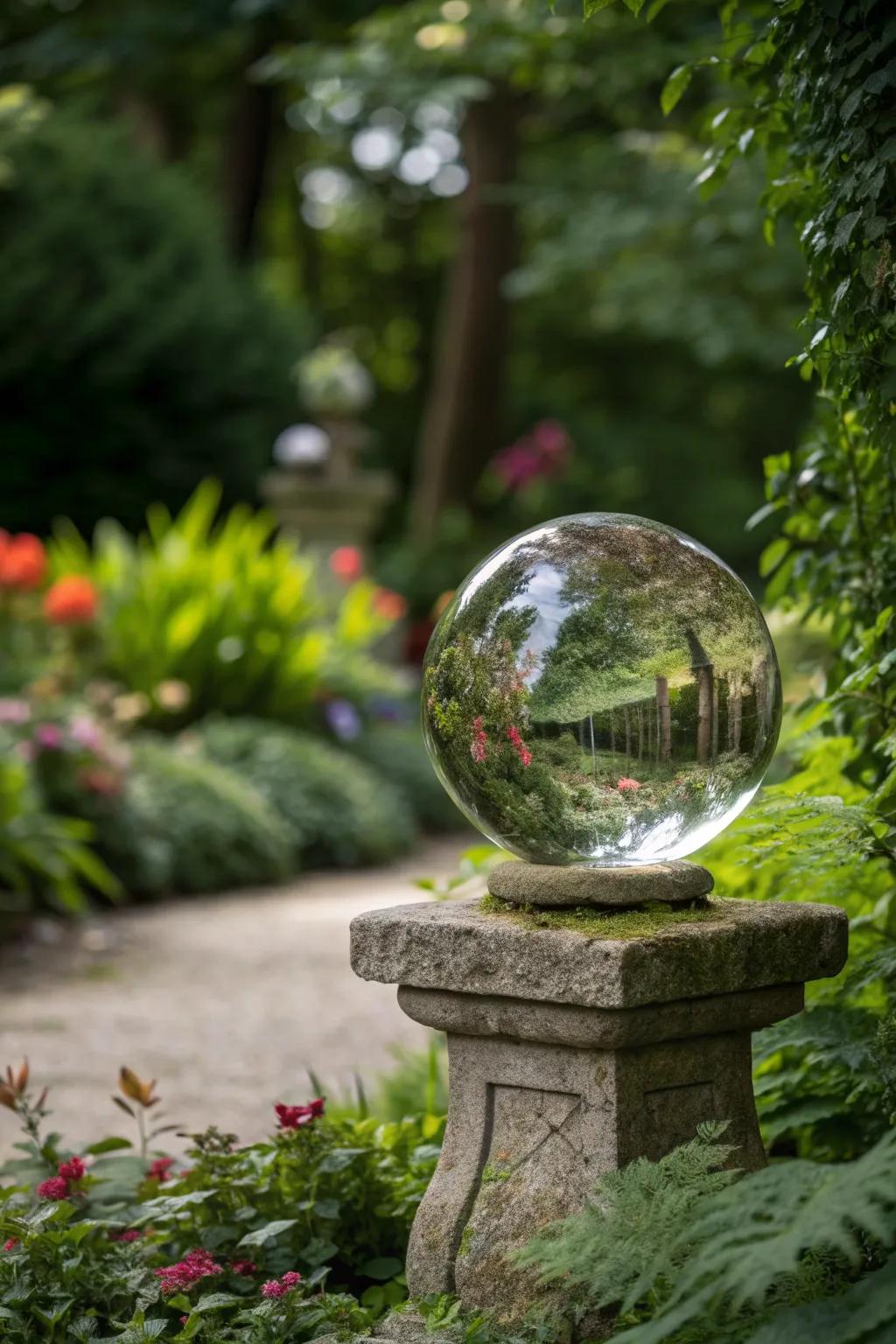 A gazing ball adds a touch of magic and reflection.