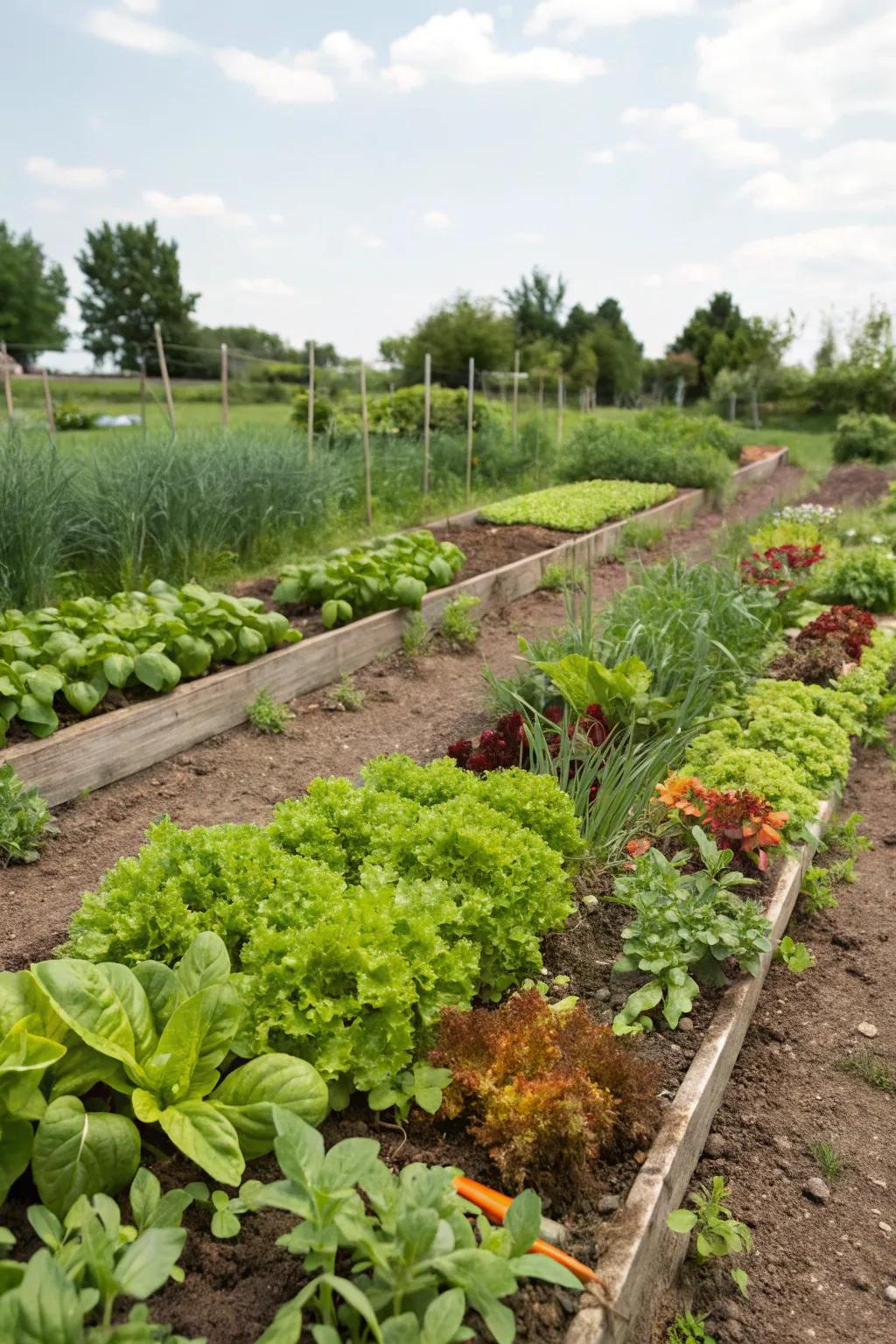 A lush garden bed brimming with fresh herbs and vegetables.