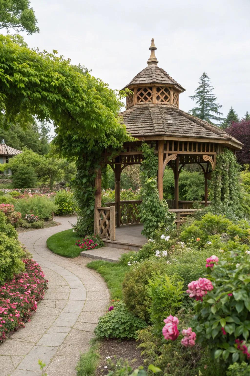 A charming gazebo offers a peaceful garden retreat.
