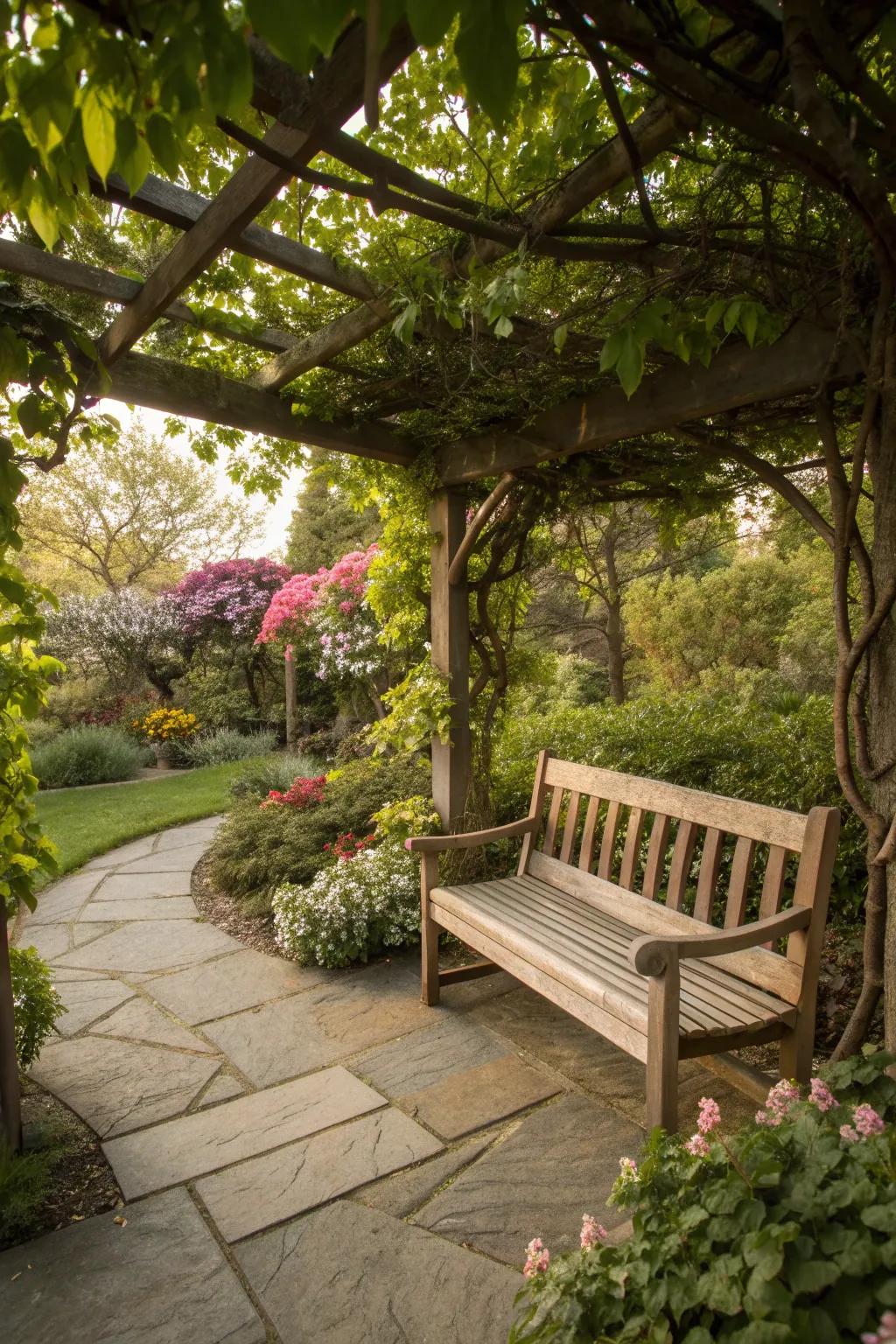 A cozy seating area offers a peaceful garden retreat.