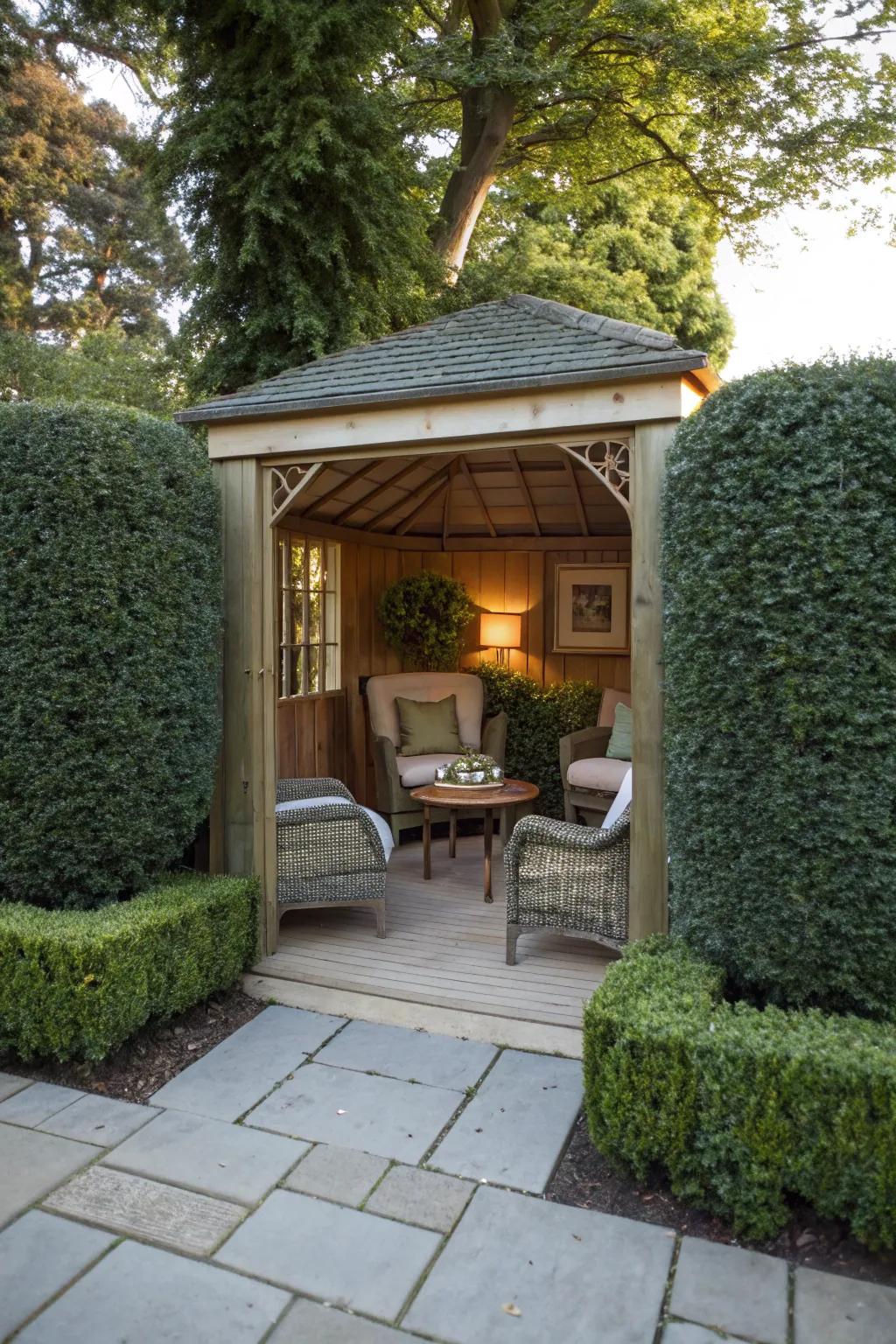A secluded garden room surrounded by lush hedges.