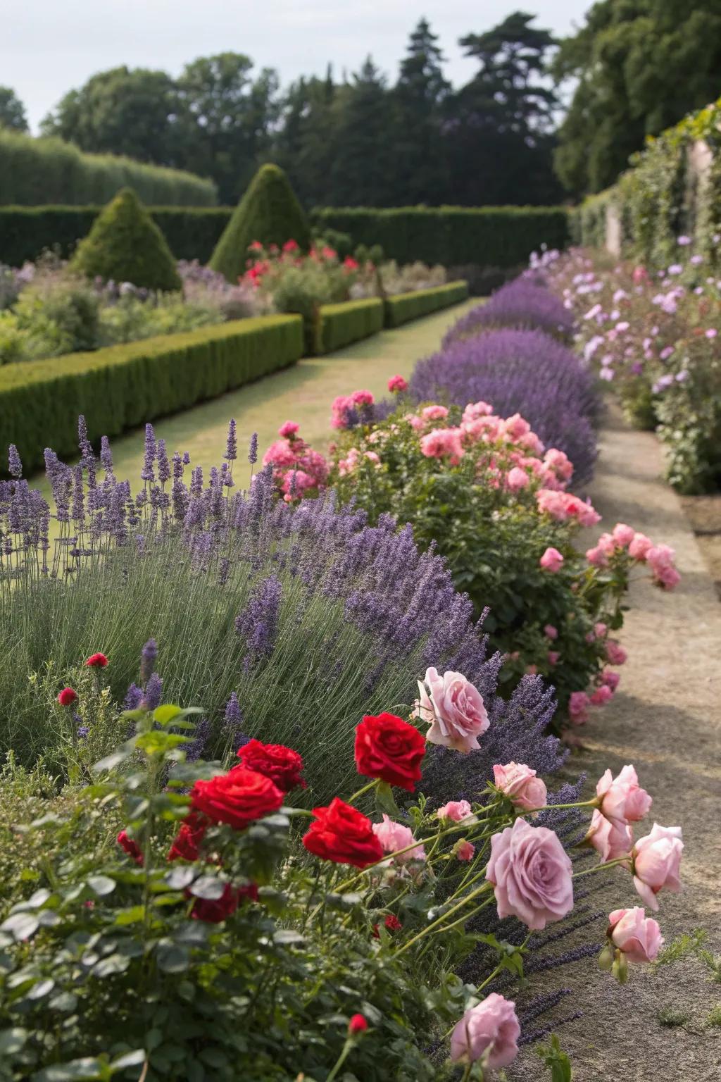 A vibrant garden filled with fragrant roses and lavender.