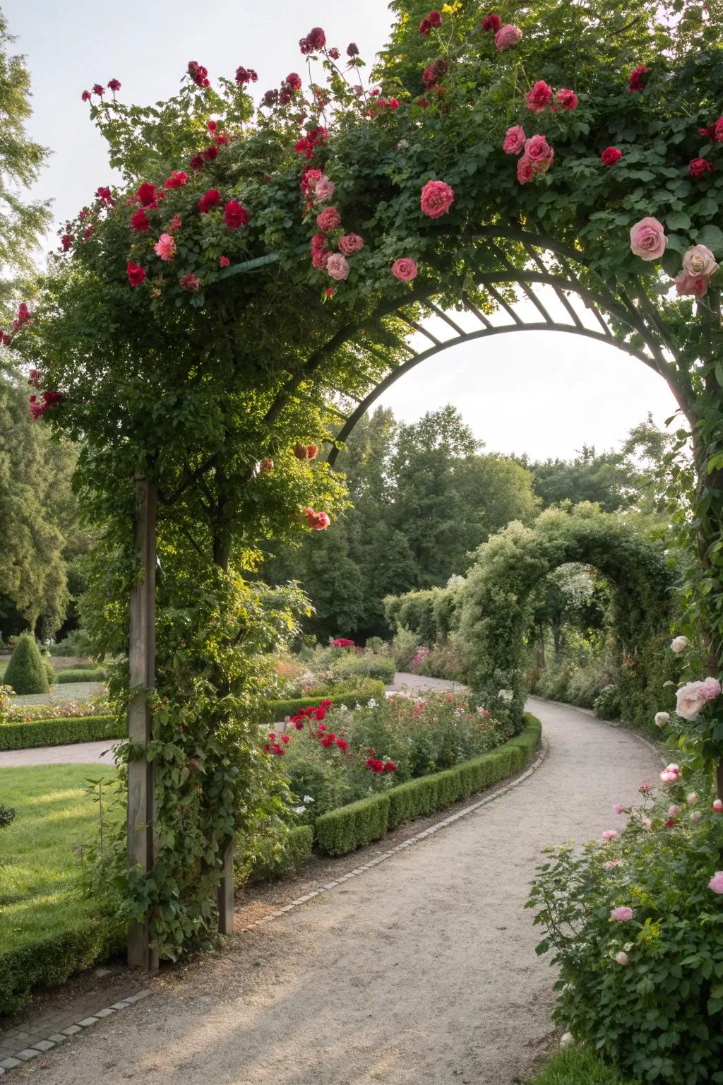 A garden archway adorned with blooming roses.