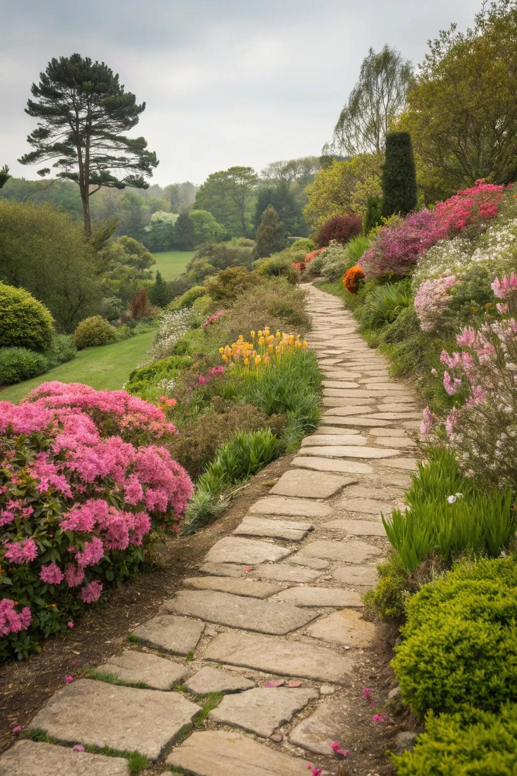 Reclaimed stone path adds character to the garden.